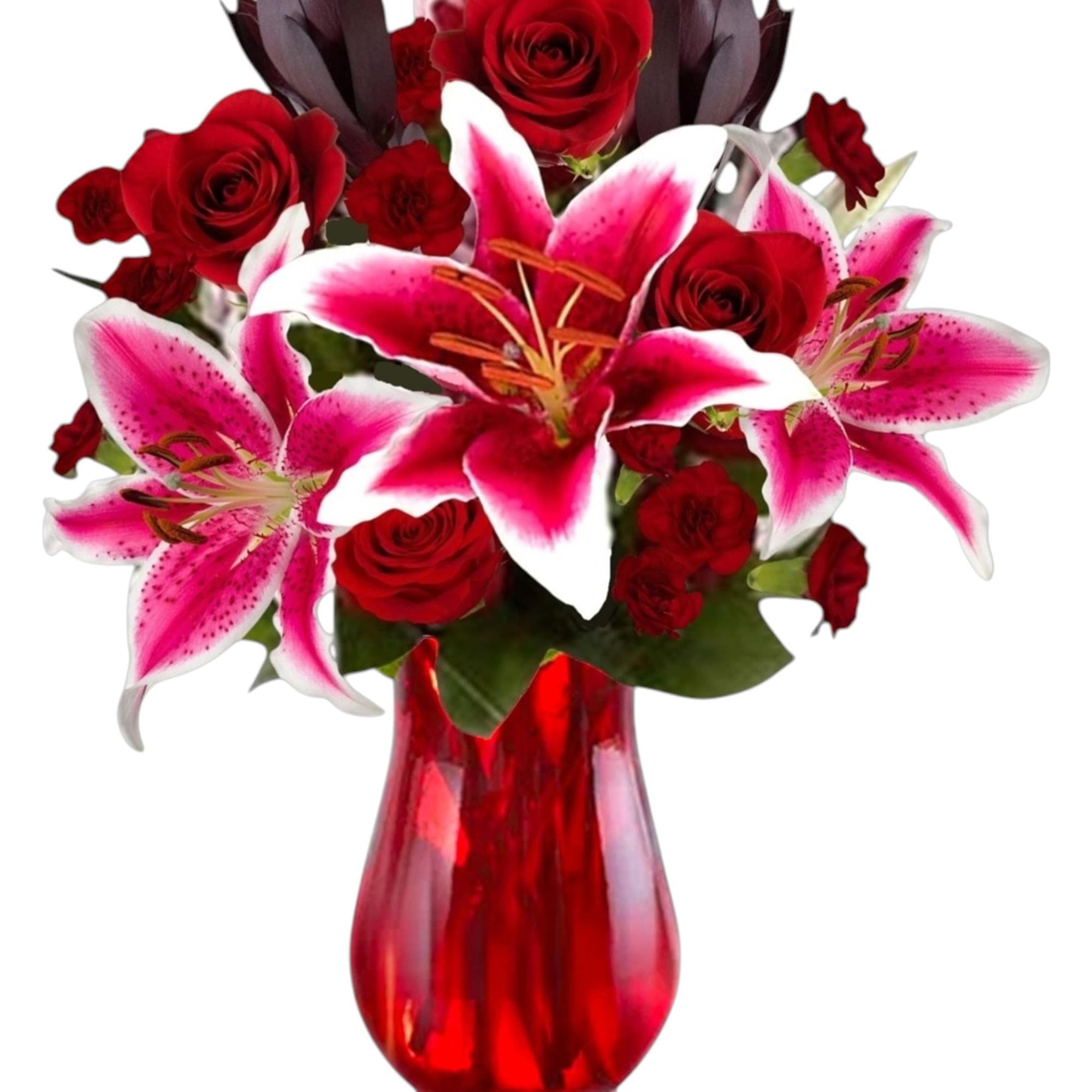 Cupid&#039;s Floral Arrangement blossoms with roses and Stargazer lilies to display your