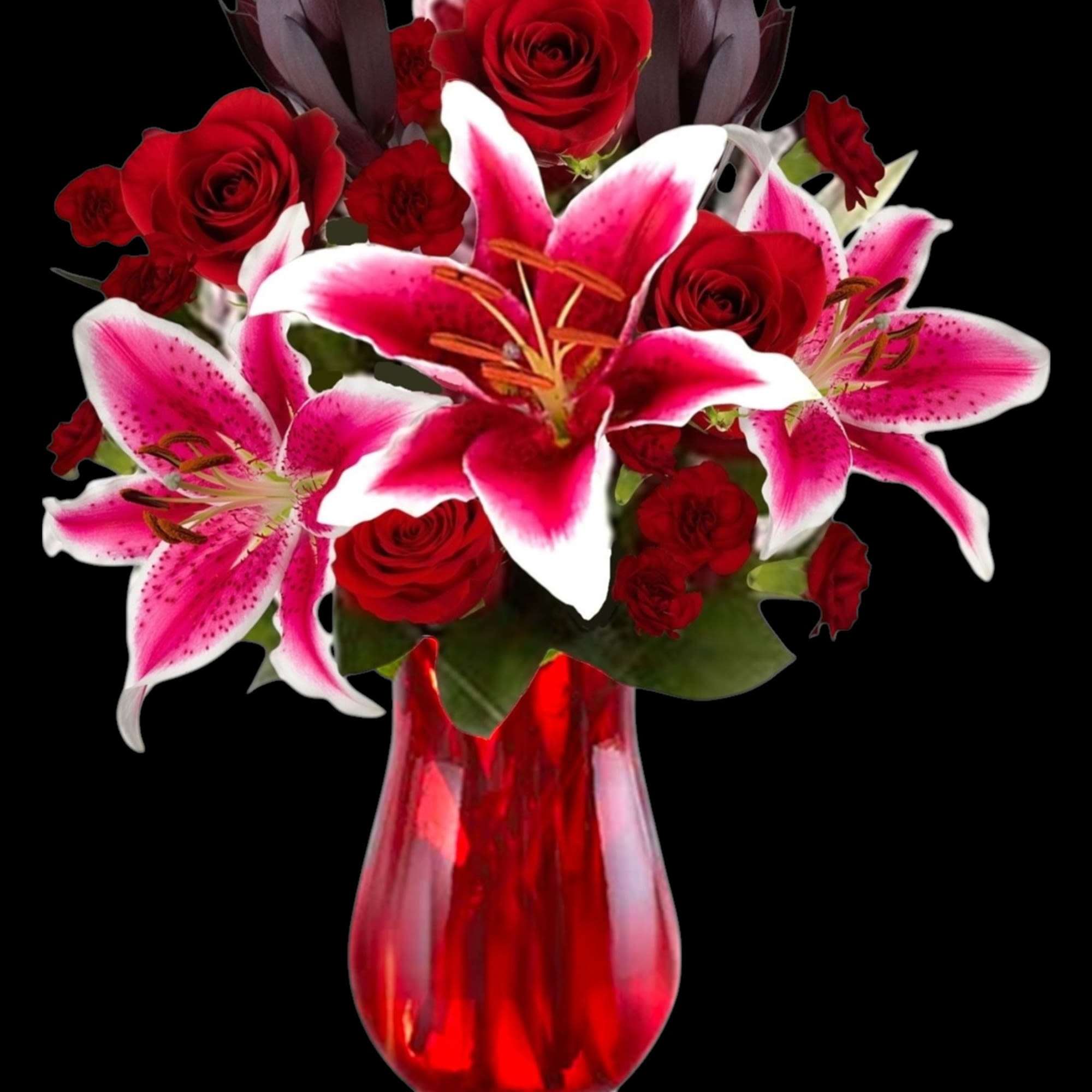 Cupid&#039;s Floral Arrangement blossoms with roses and Stargazer lilies to display your