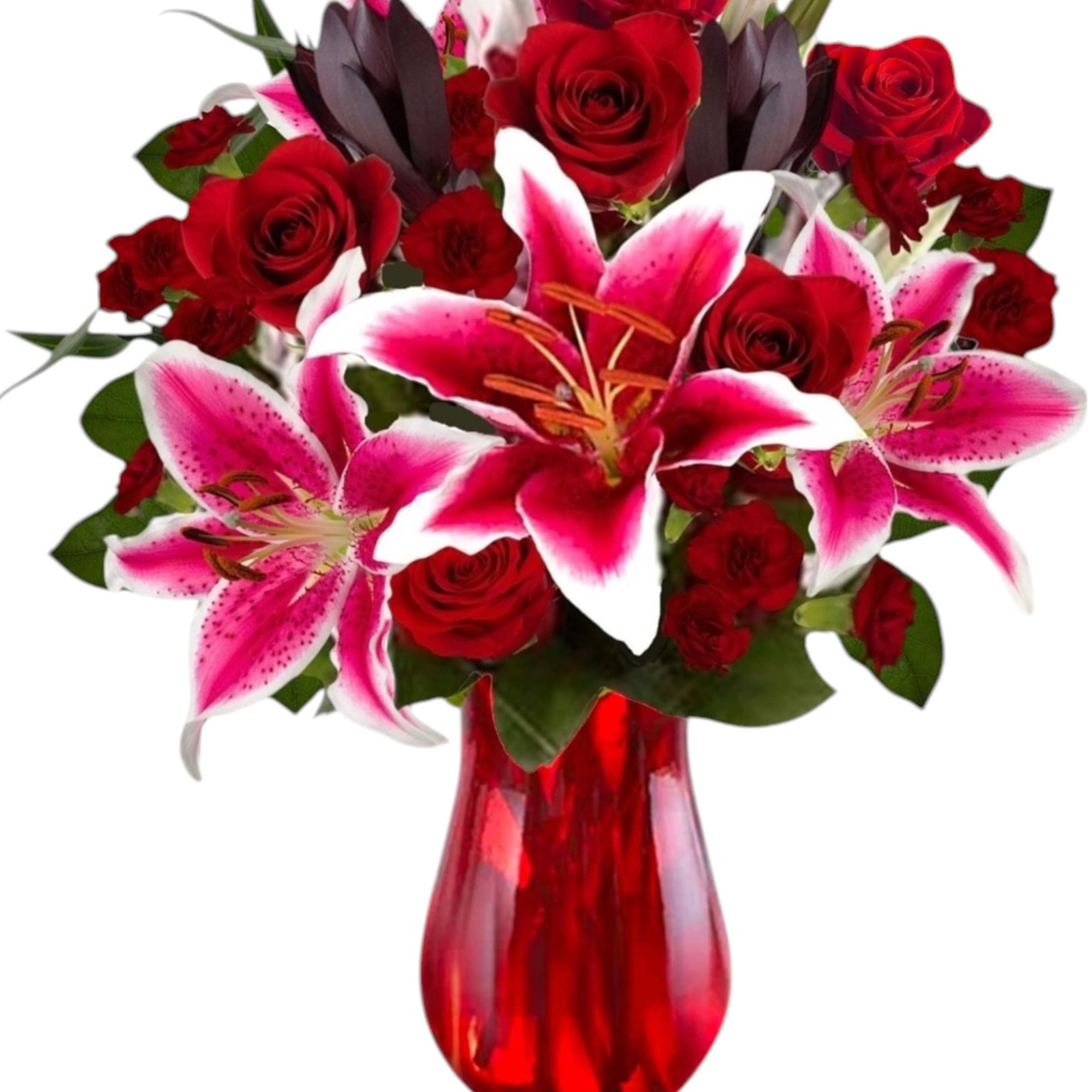 Cupid&#039;s Floral Arrangement blossoms with roses and Stargazer lilies to display your