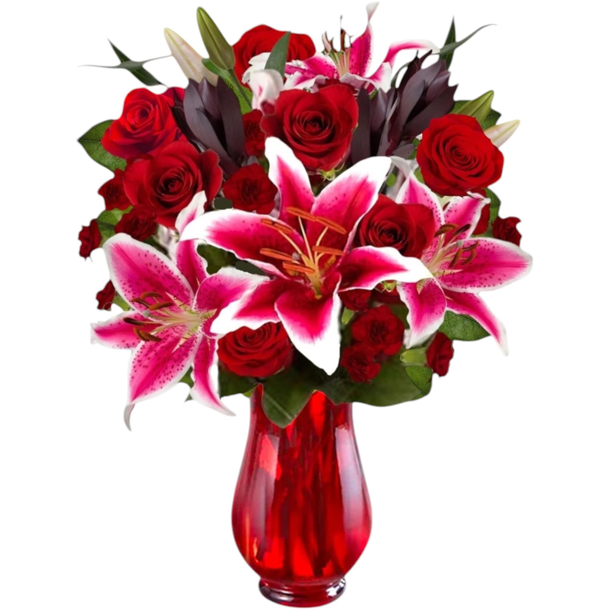 Cupid&#039;s Floral Arrangement blossoms with roses and Stargazer lilies to display your