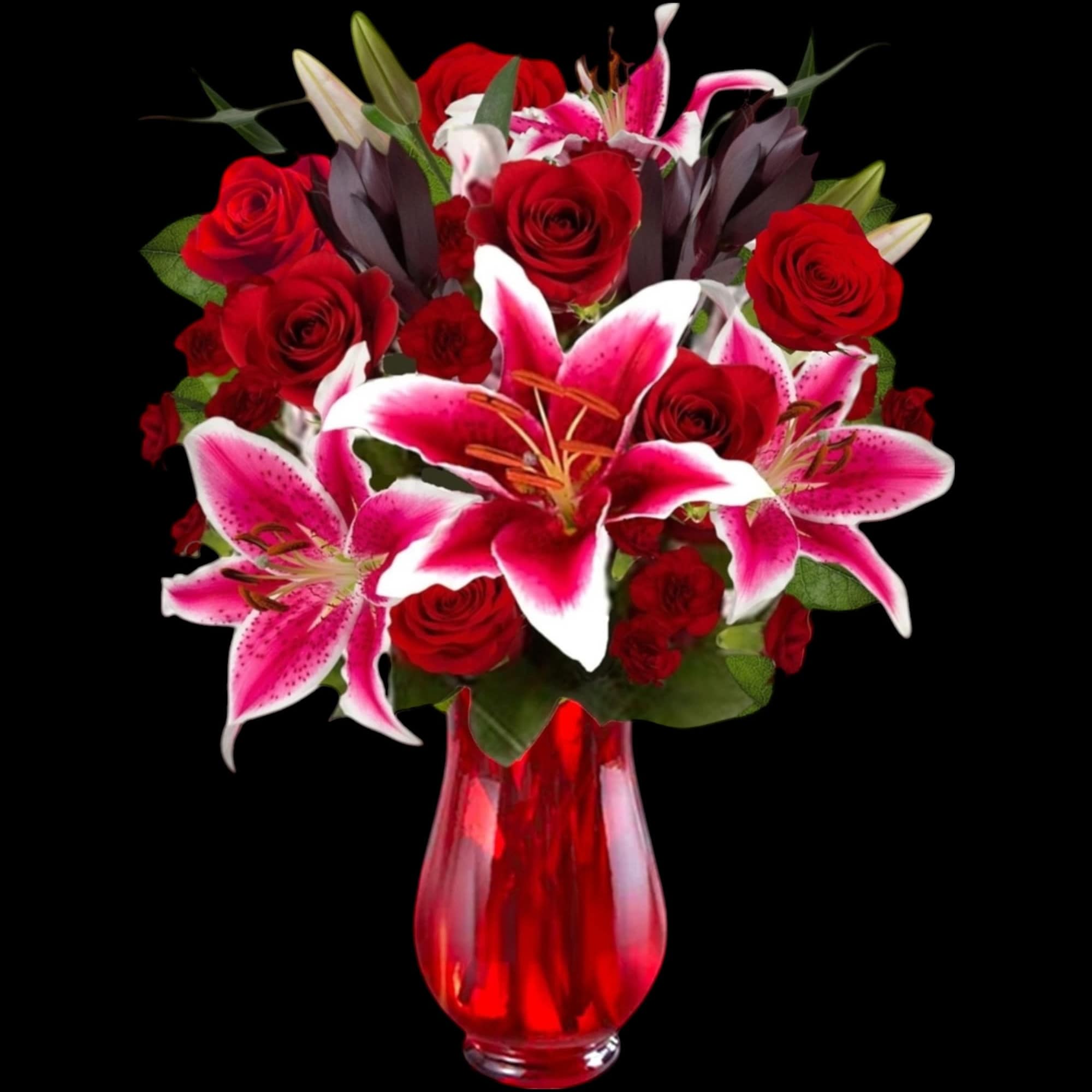 Cupid&#039;s Floral Arrangement blossoms with roses and Stargazer lilies to display your