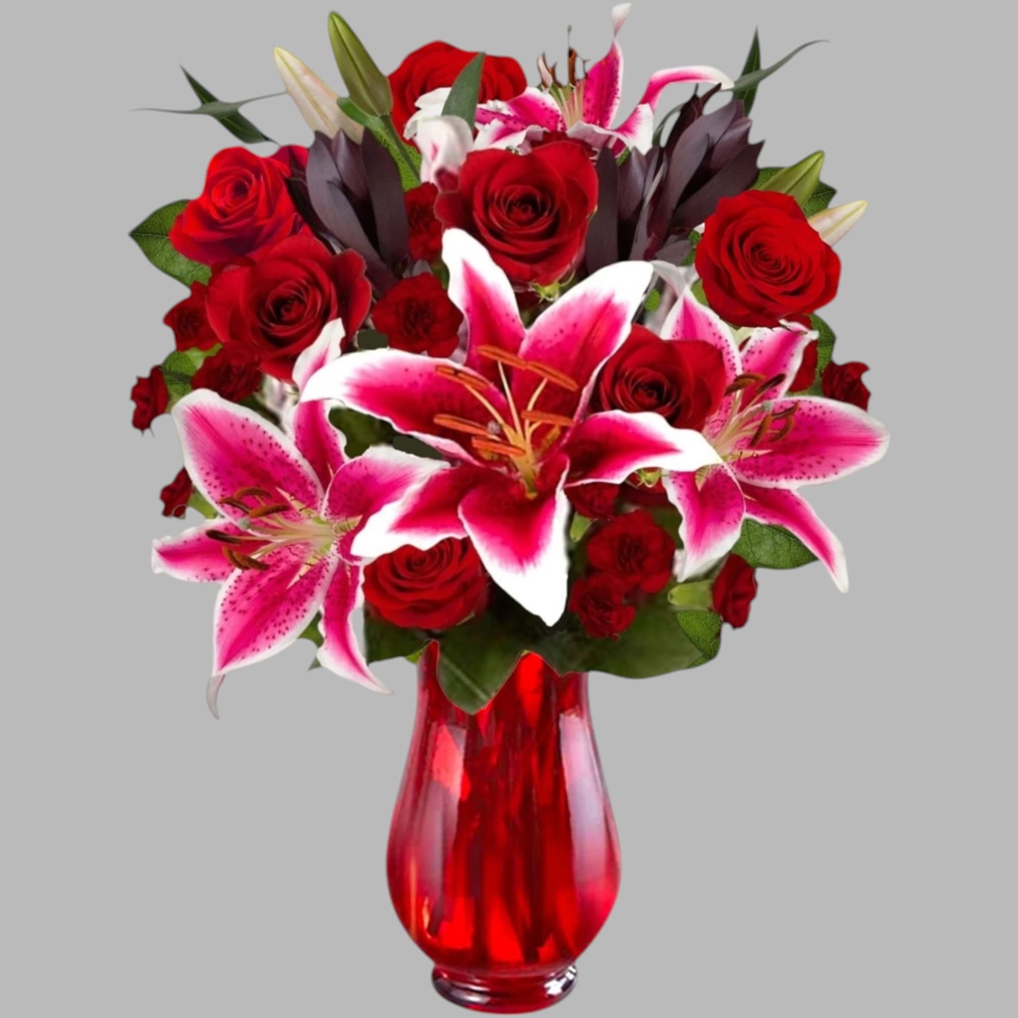 Cupid&#039;s Floral Arrangement blossoms with roses and Stargazer lilies to display your