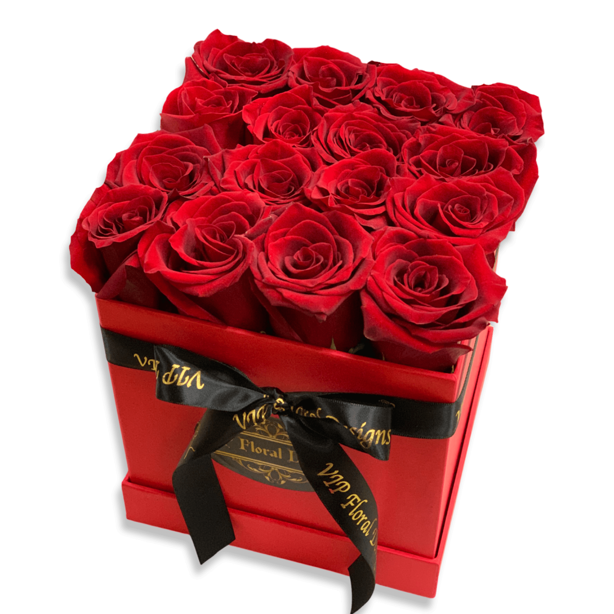 16 Red Roses with diamond pins arranged in our signature hat flower