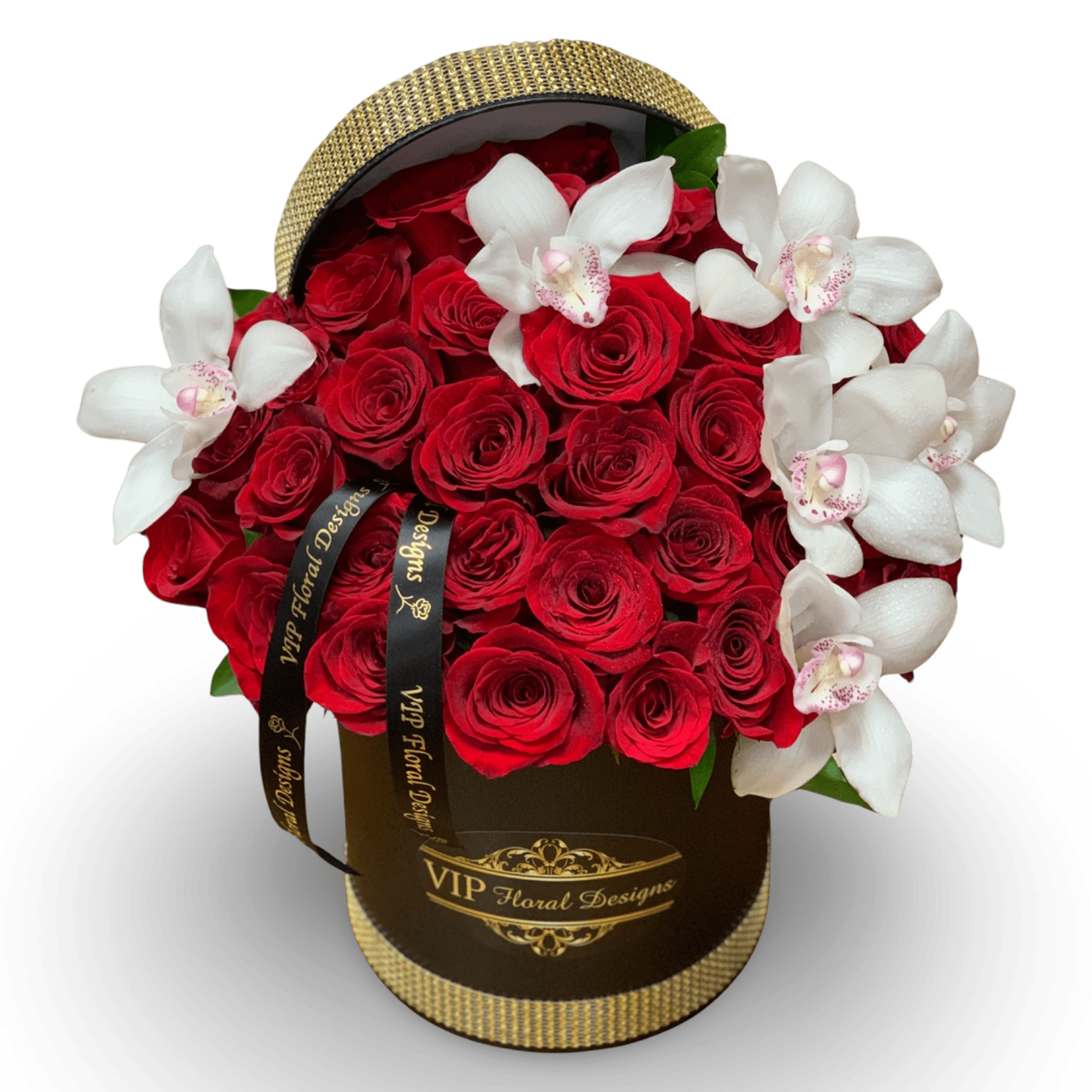 Introducing our luxurious hat box filled with 50 fresh red roses and