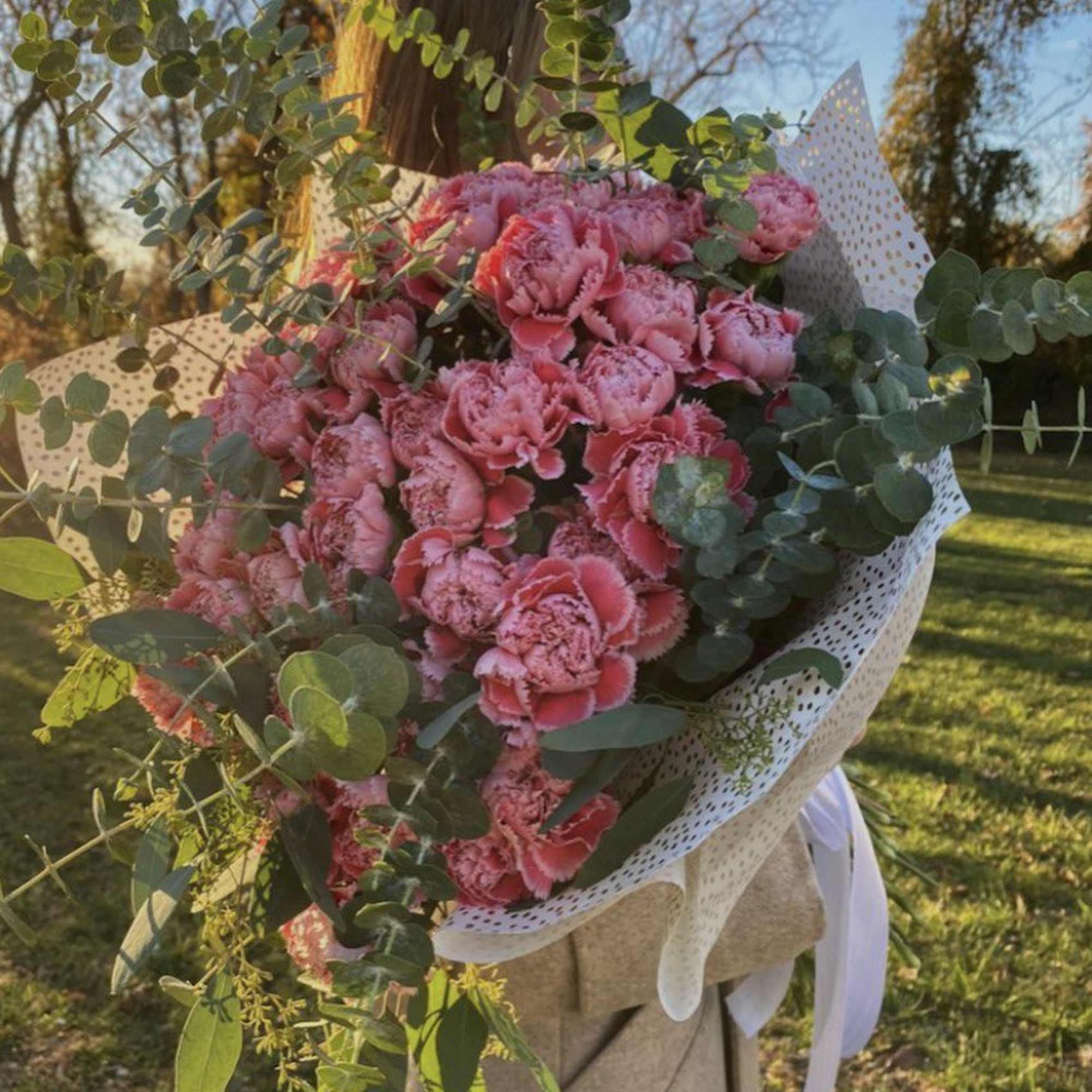 pink carnation bouquet mixed with eucalyptus 