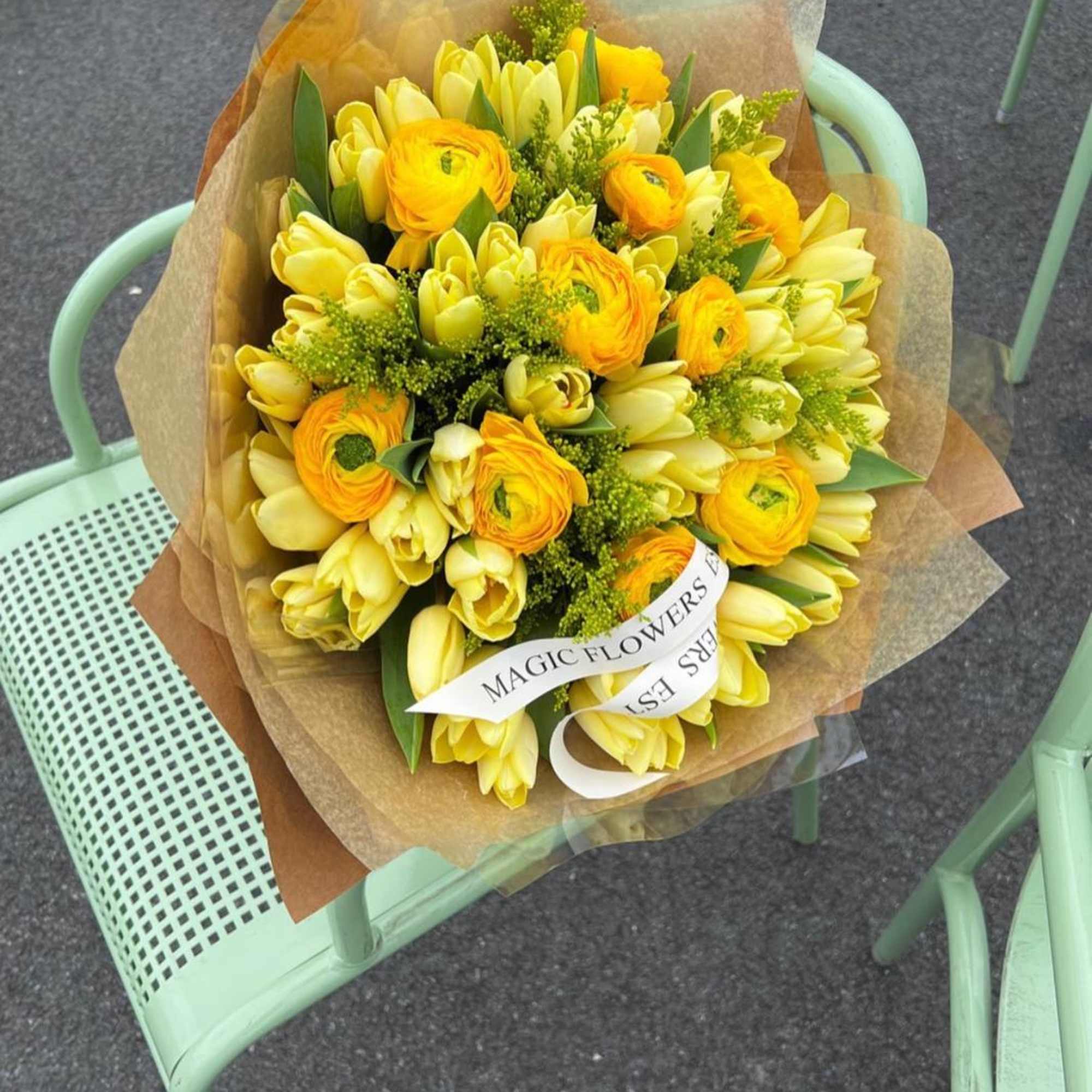 Ranunculus mixed with tulips bouquet 