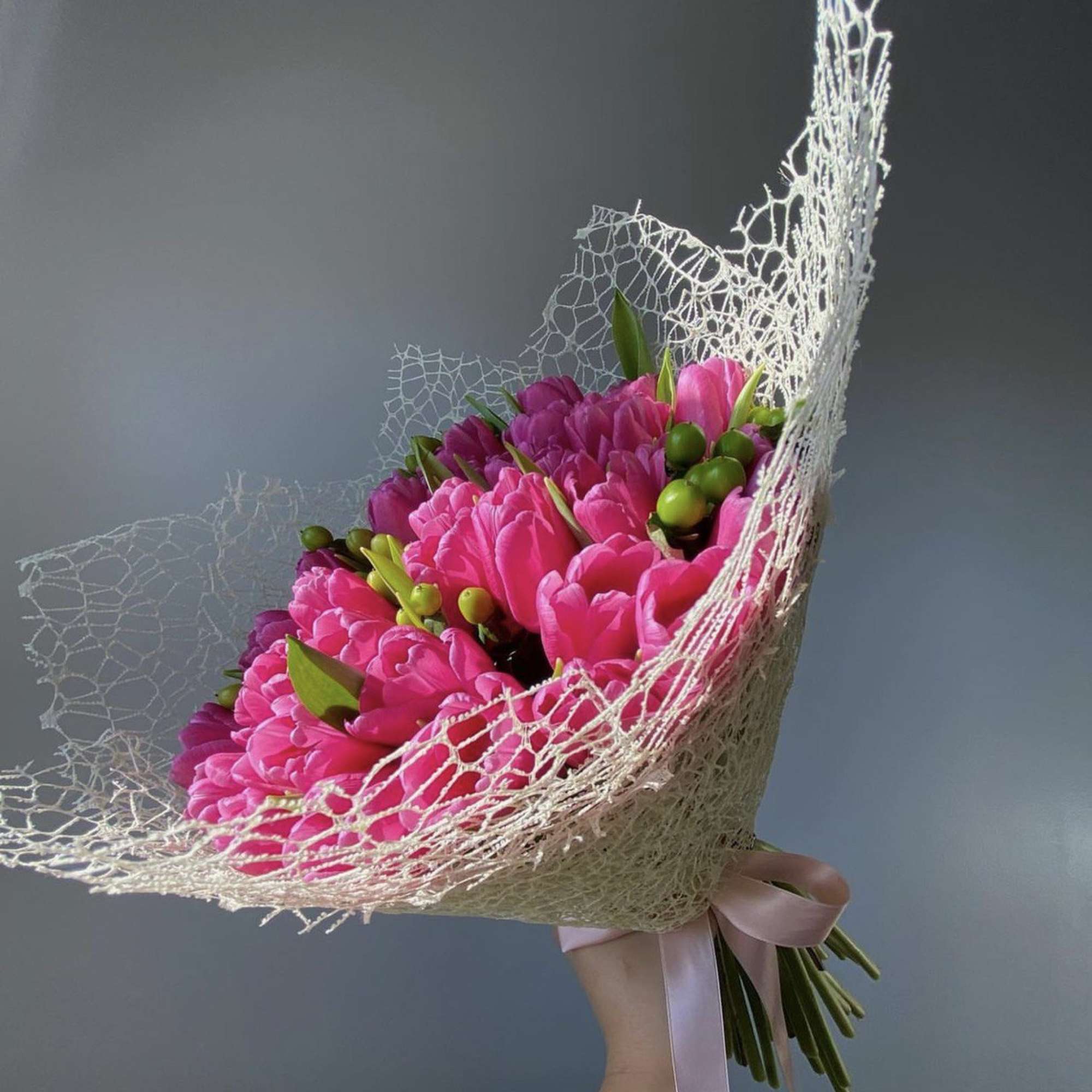 50 Pink tulips with greens