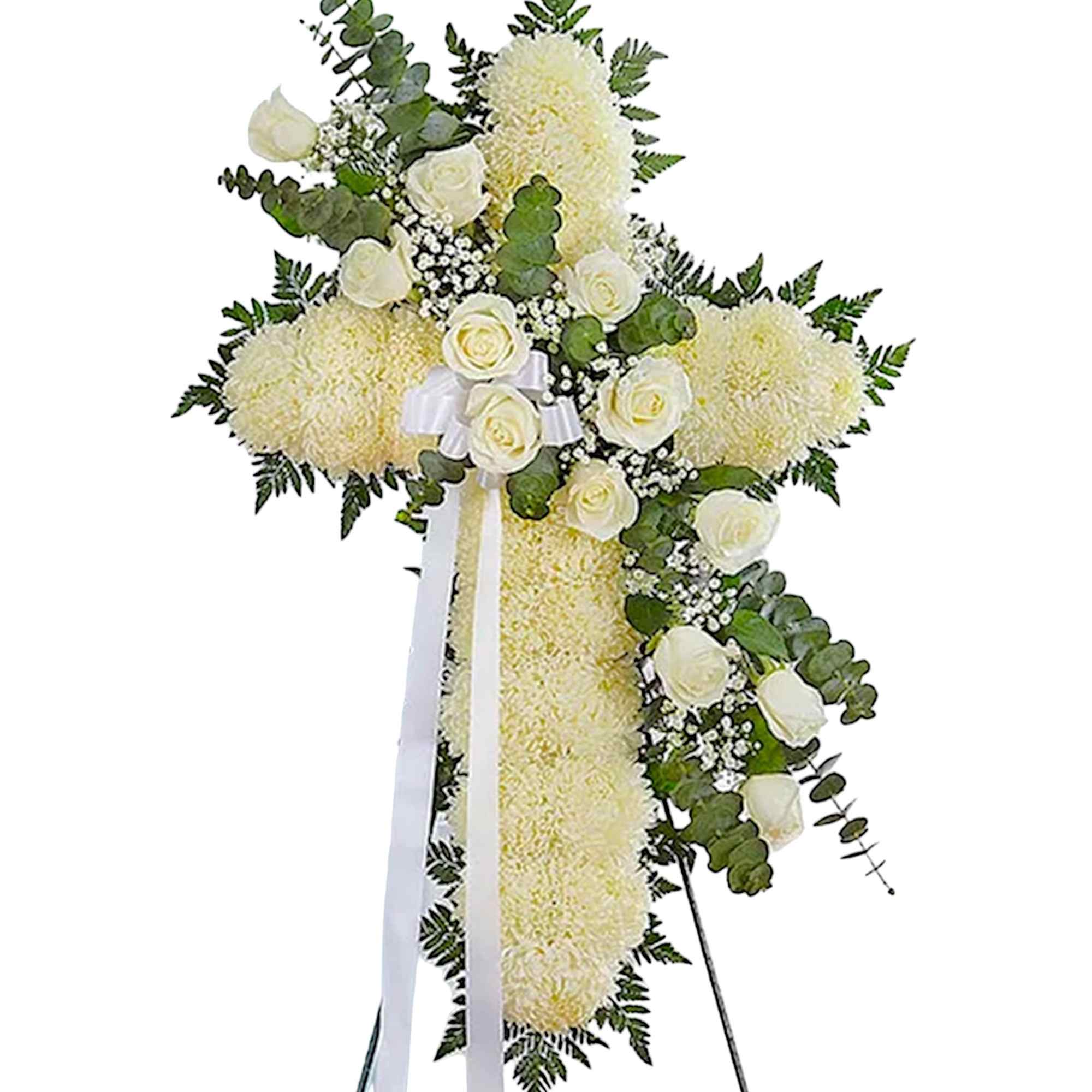 Honor a lifetime of faithful devotion with our beautiful standing cross arrangement.