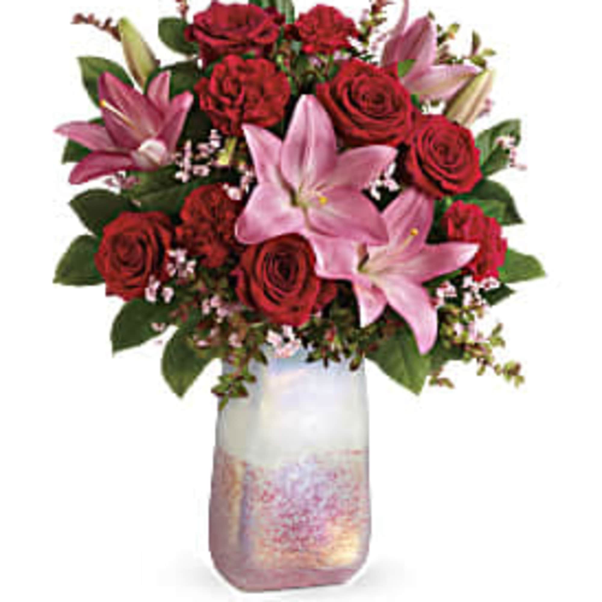 The shimmering, iridescent art glass of this stunning rose quartz inspired, hand-blown