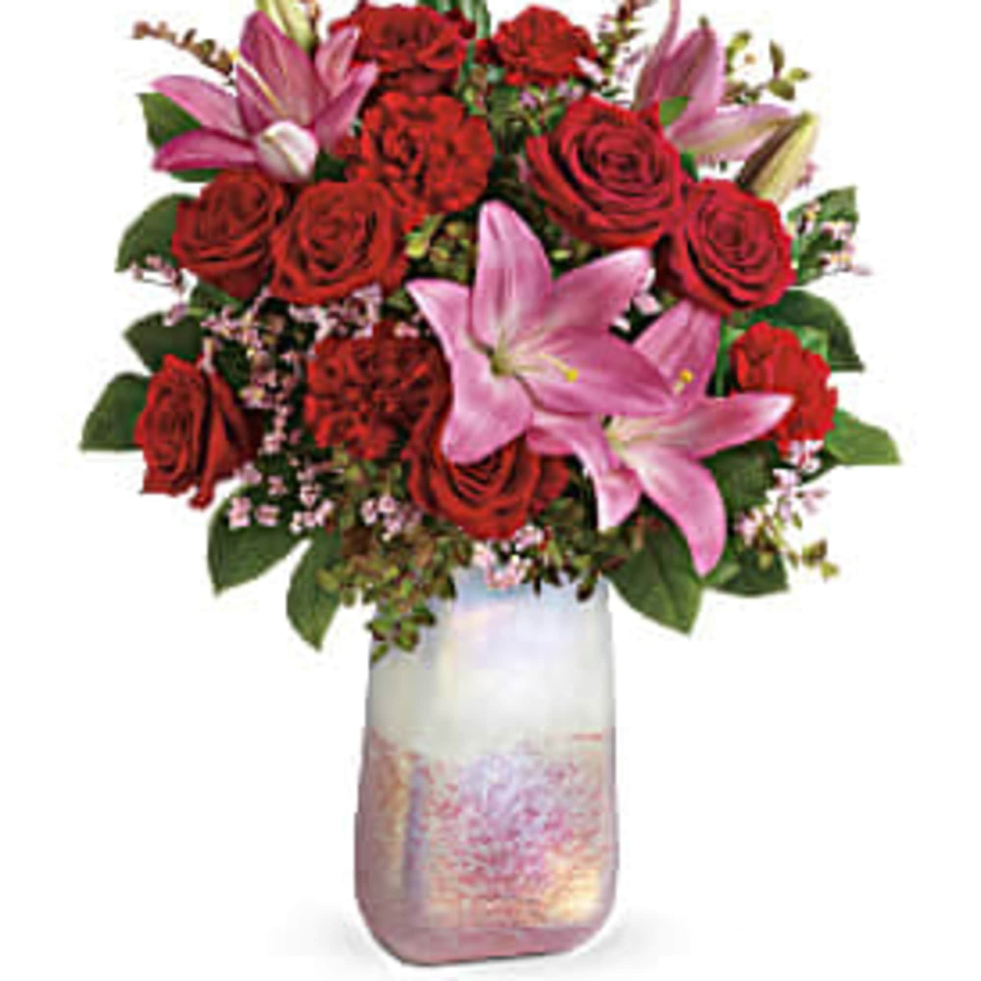 The shimmering, iridescent art glass of this stunning rose quartz inspired, hand-blown