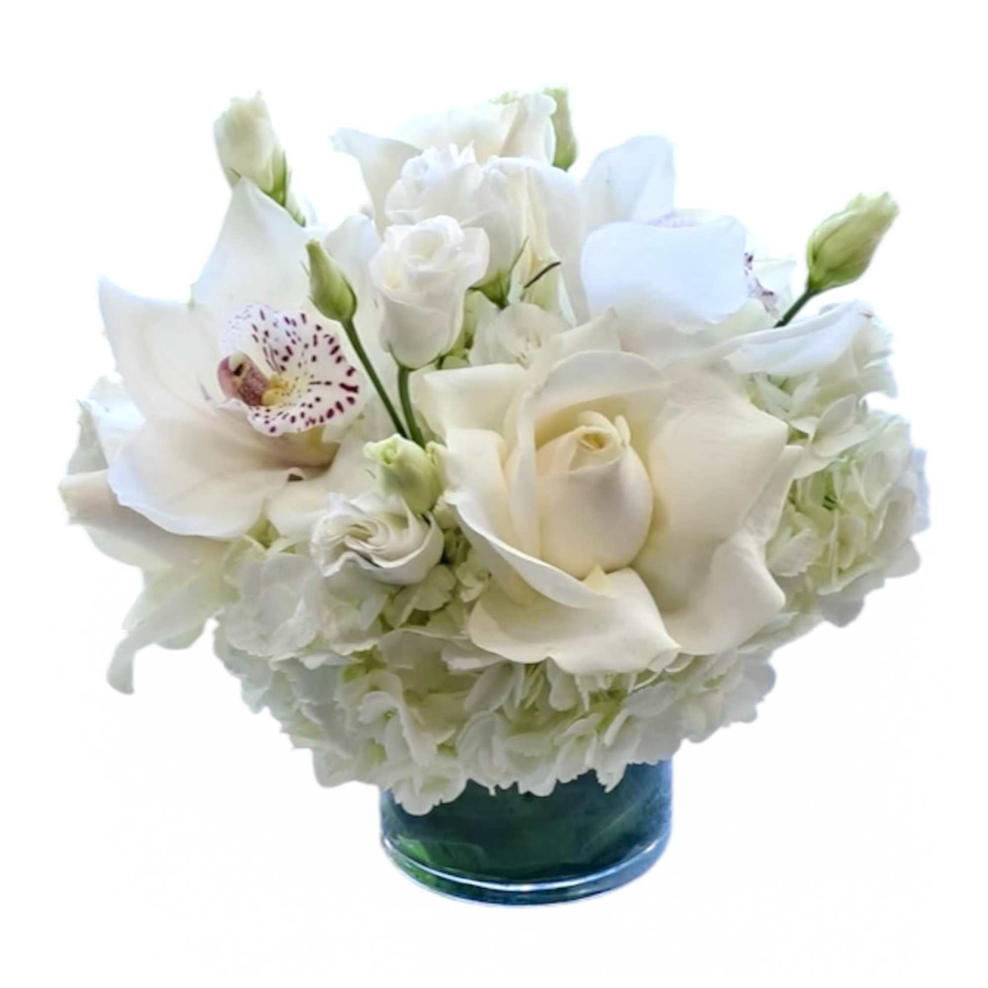 This beautiful arrangement is made up of white roses, lisanthus, hydrangeas and