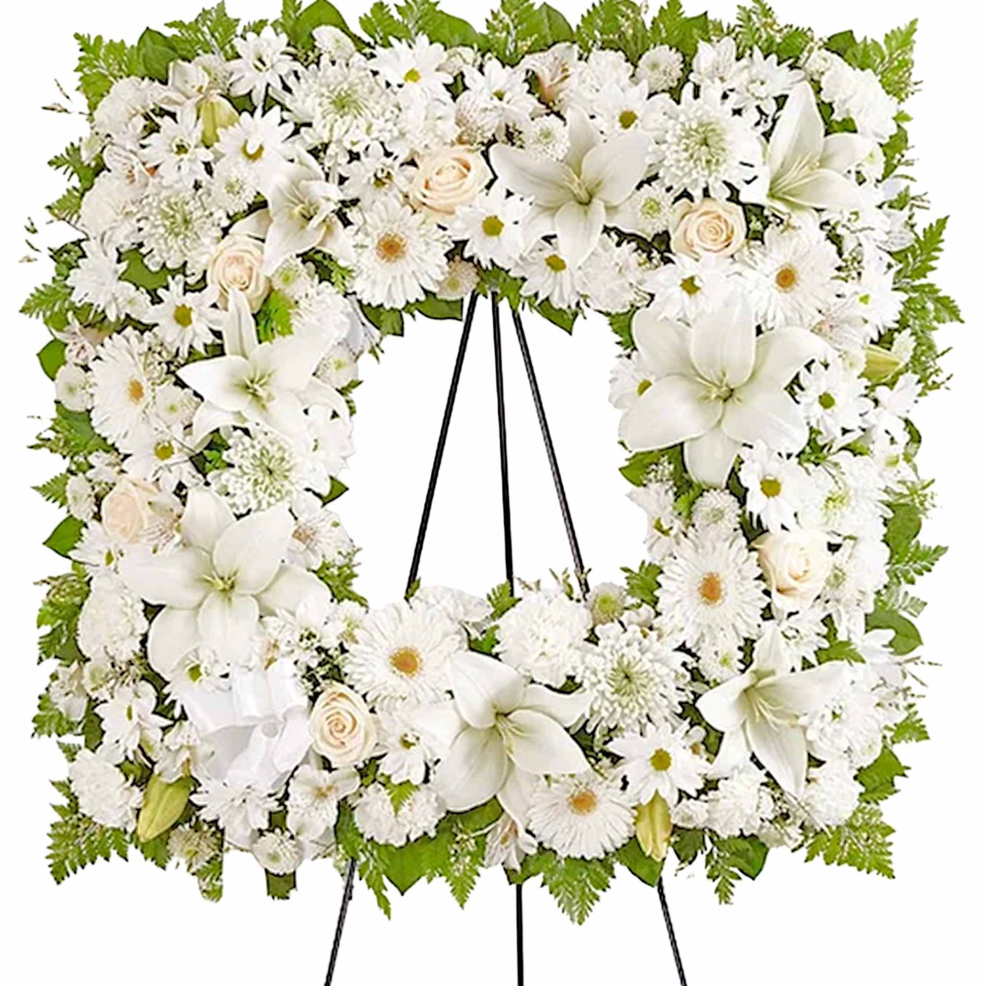 Offer solace with a sentimental arrangement for the services. The square wreath