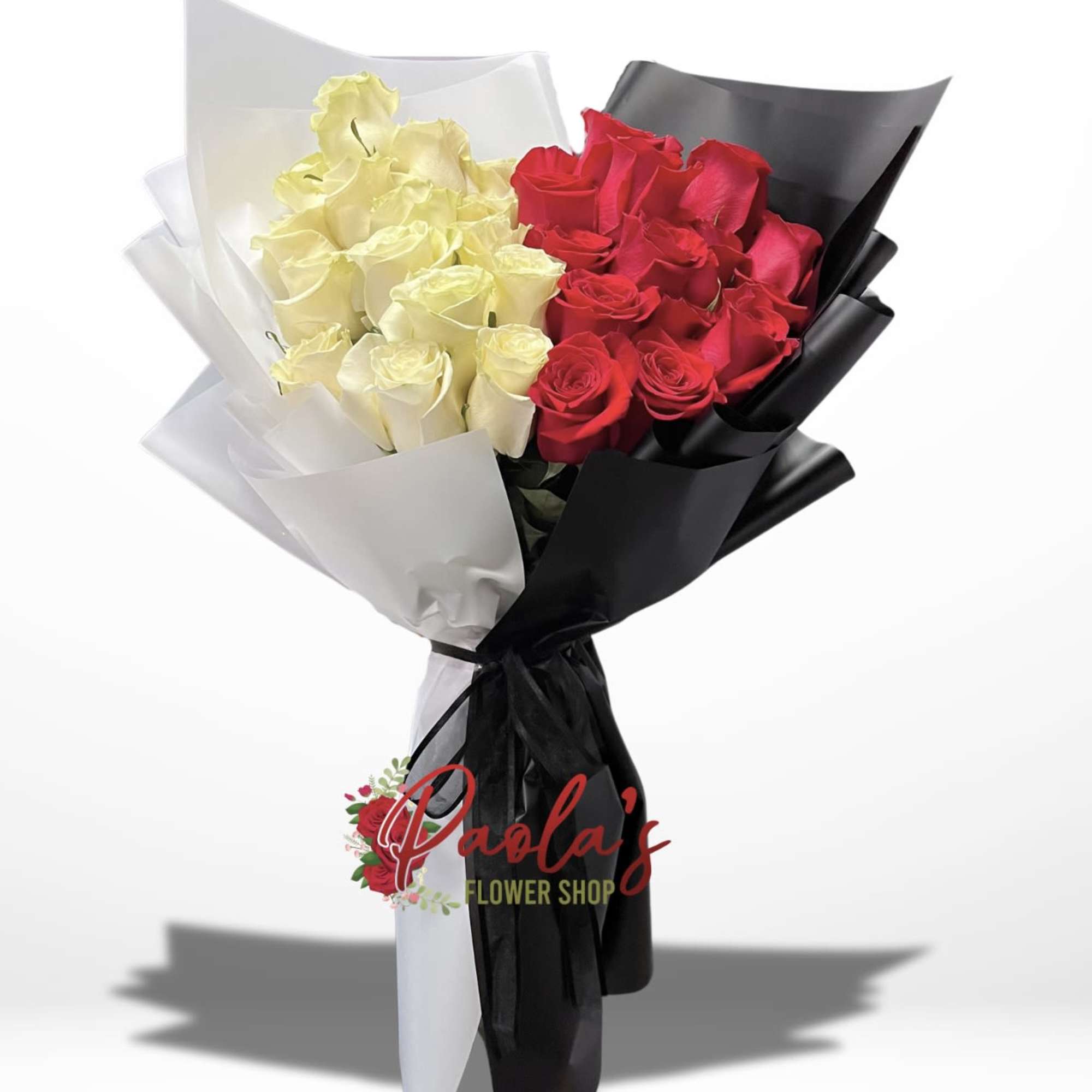24 roses red(12) and white(12) roses with white and black wrapping paper