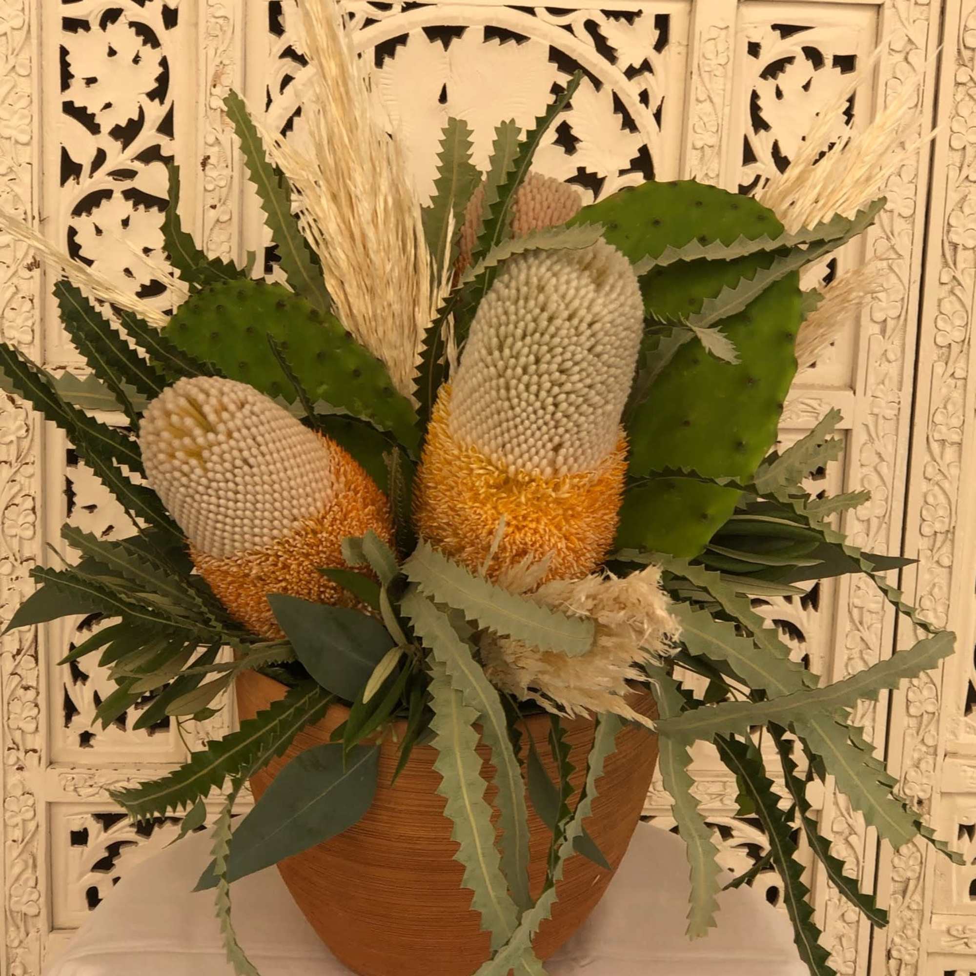 A very unique collection of Banksia Flower, Pampas Grass and Nopales Cactus