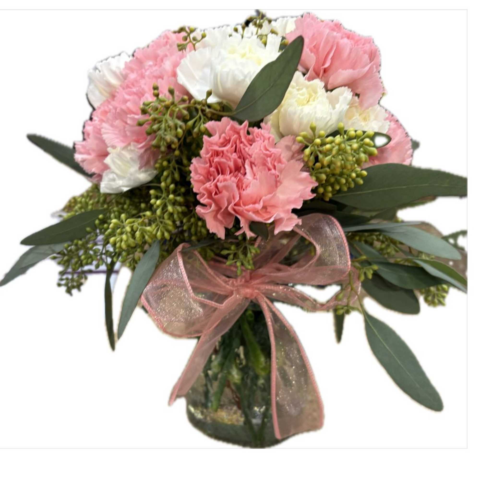 white and pink carnations along with eucalyptus in a mason har