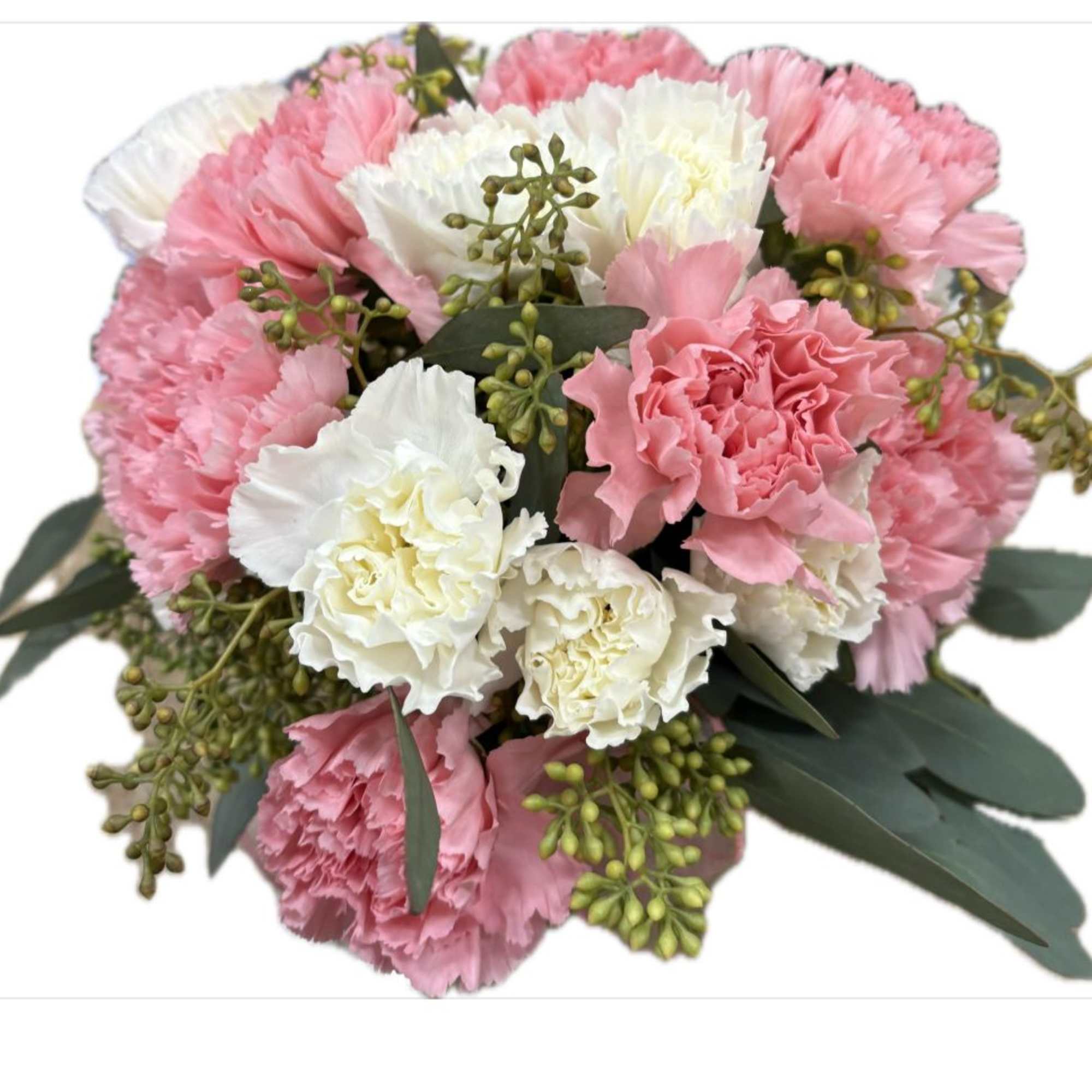 white and pink carnations along with eucalyptus in a mason har