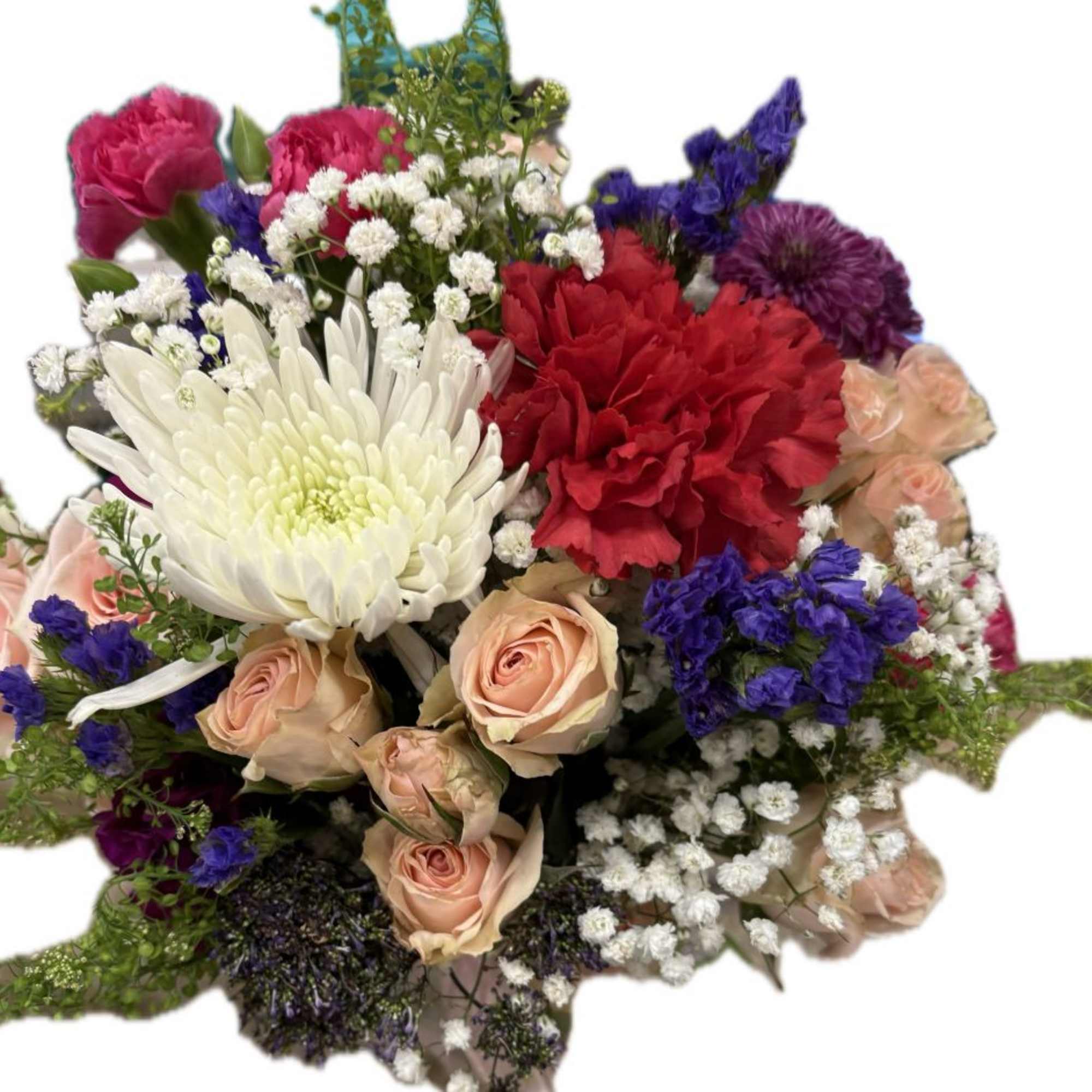 light pink mini rose, white disbud and dark pink carnationsand purple statice