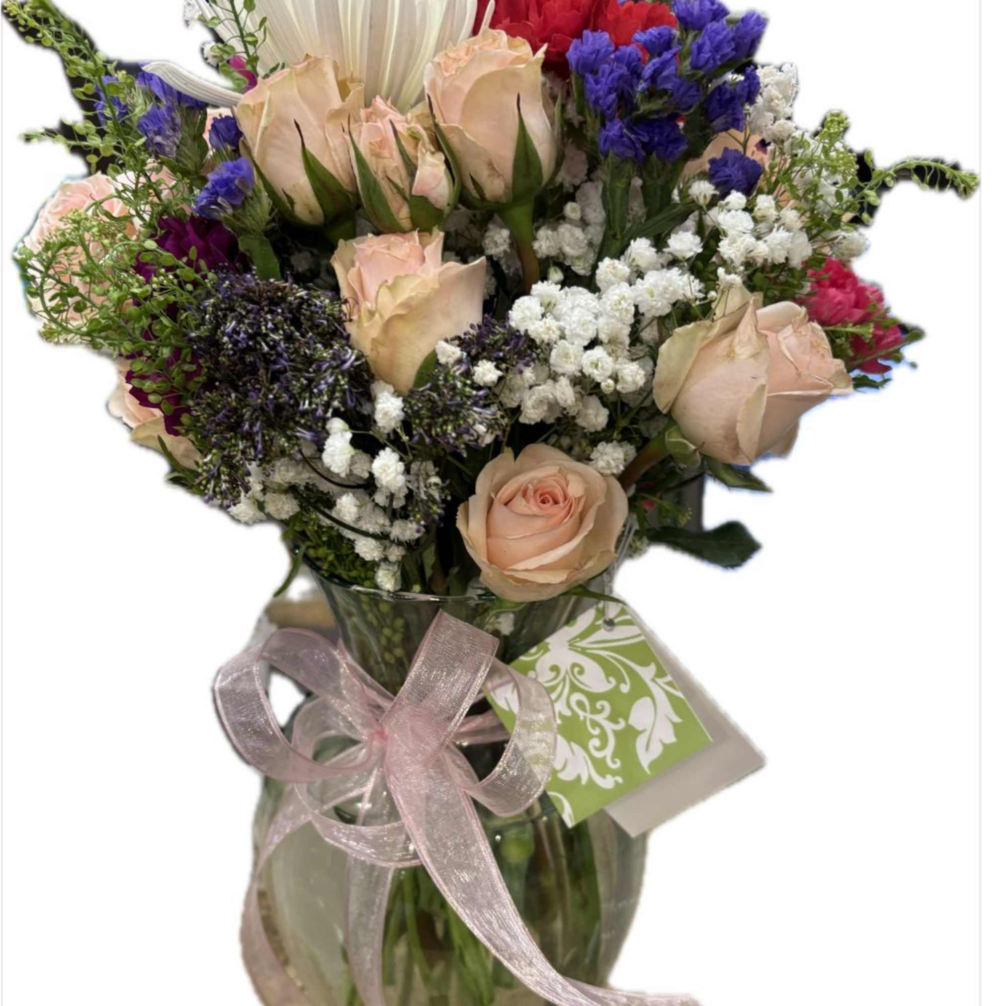 light pink mini rose, white disbud and dark pink carnationsand purple statice