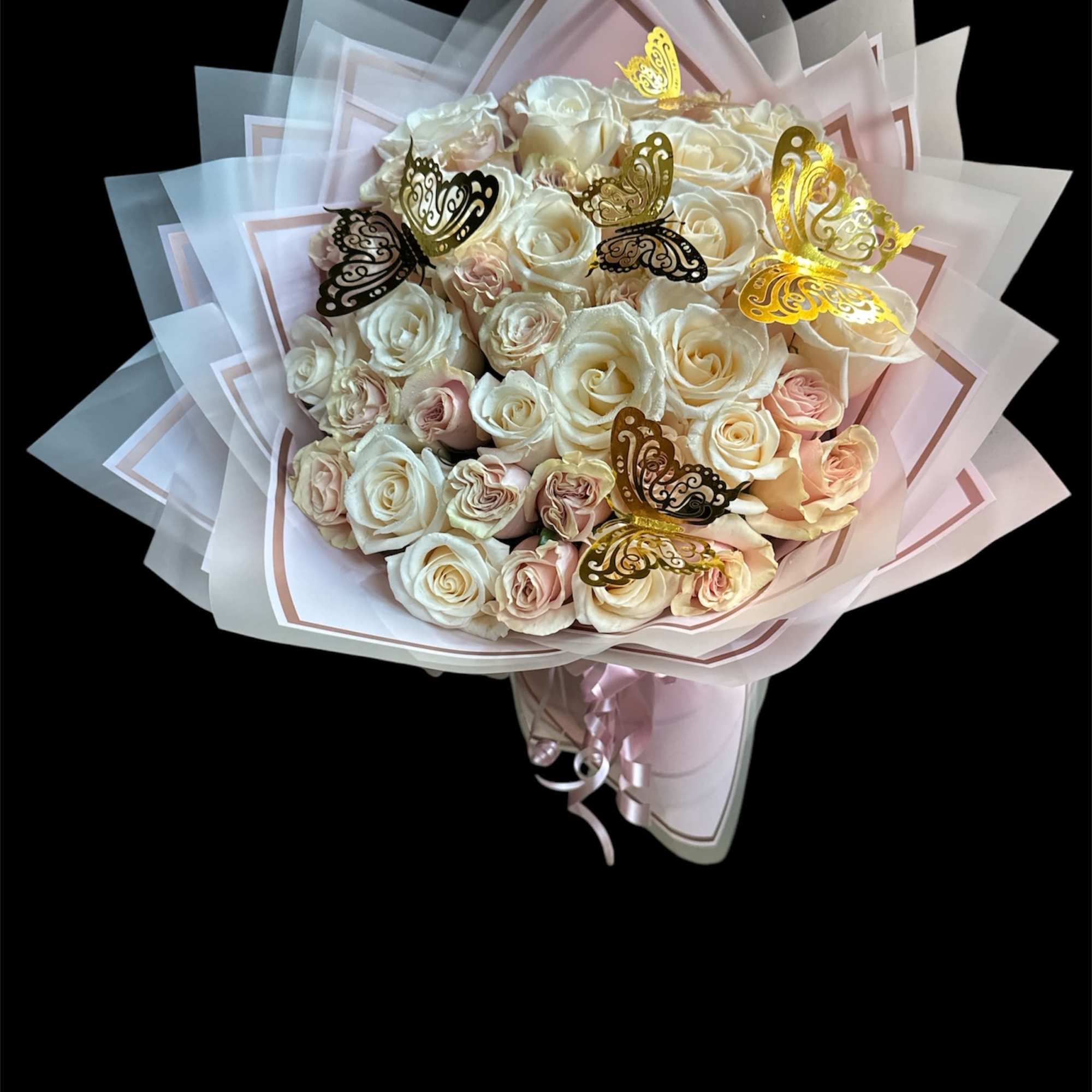 Hand  tied bouquet  with 41 pink and white roses 