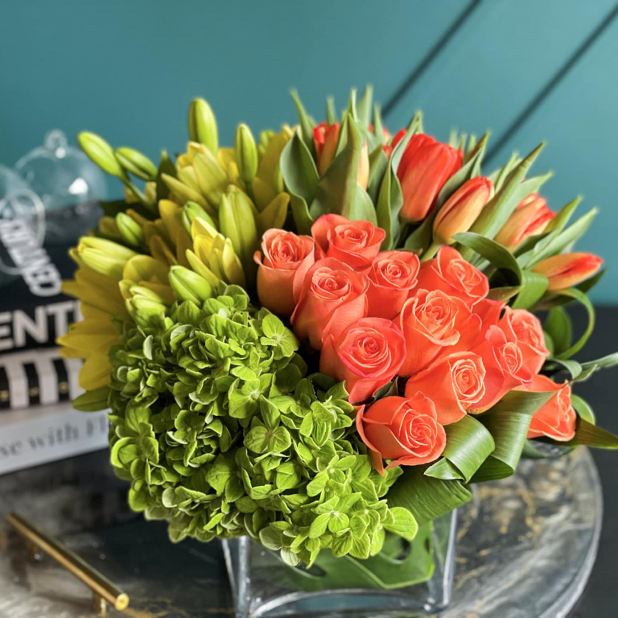 Bright sunny design with full of flowers, true orange roses, tulips, yellow