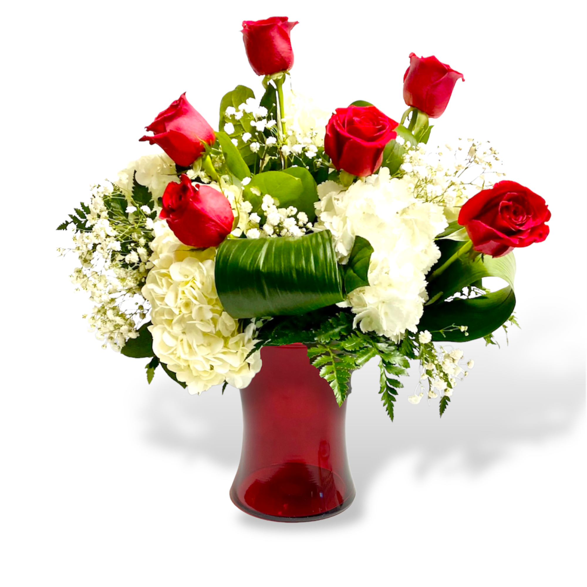 The perfect pair Red roses white hydrangea accompanied by babies breath and The perfect pair Red roses white hydrangea accompanied by babies breath and
