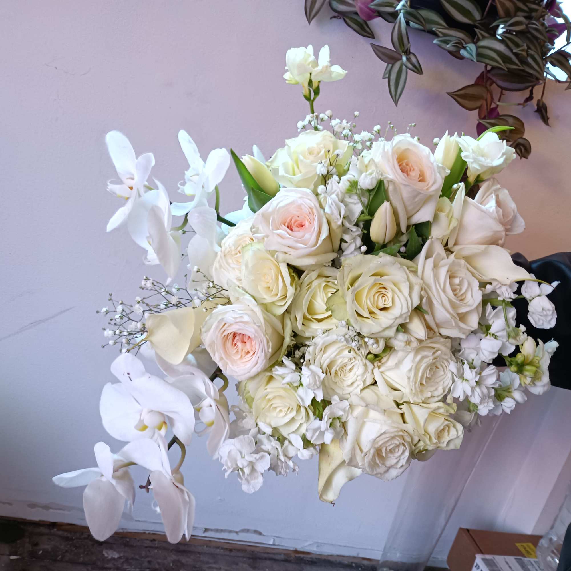 Beautiful classical/boho bridal bouquet with white phalaenopsis orchids, garden, standard and spray