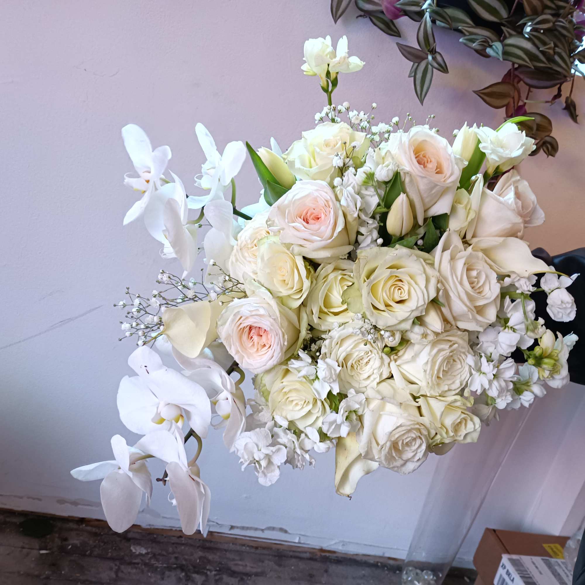 Beautiful classical/boho bridal bouquet with white phalaenopsis orchids, garden, standard and spray