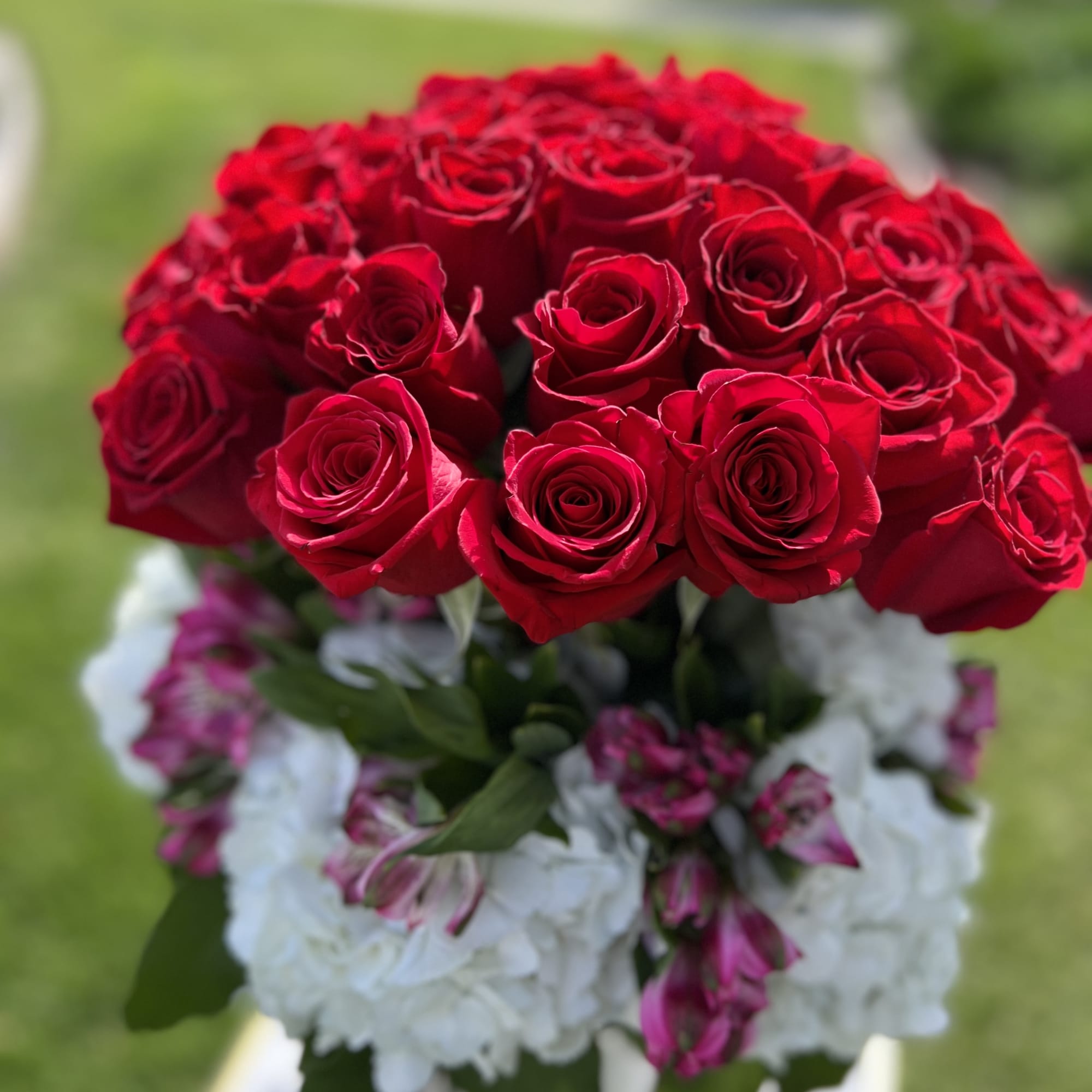 Red Rose, Hydrangeas, and Pink Alstromeria.