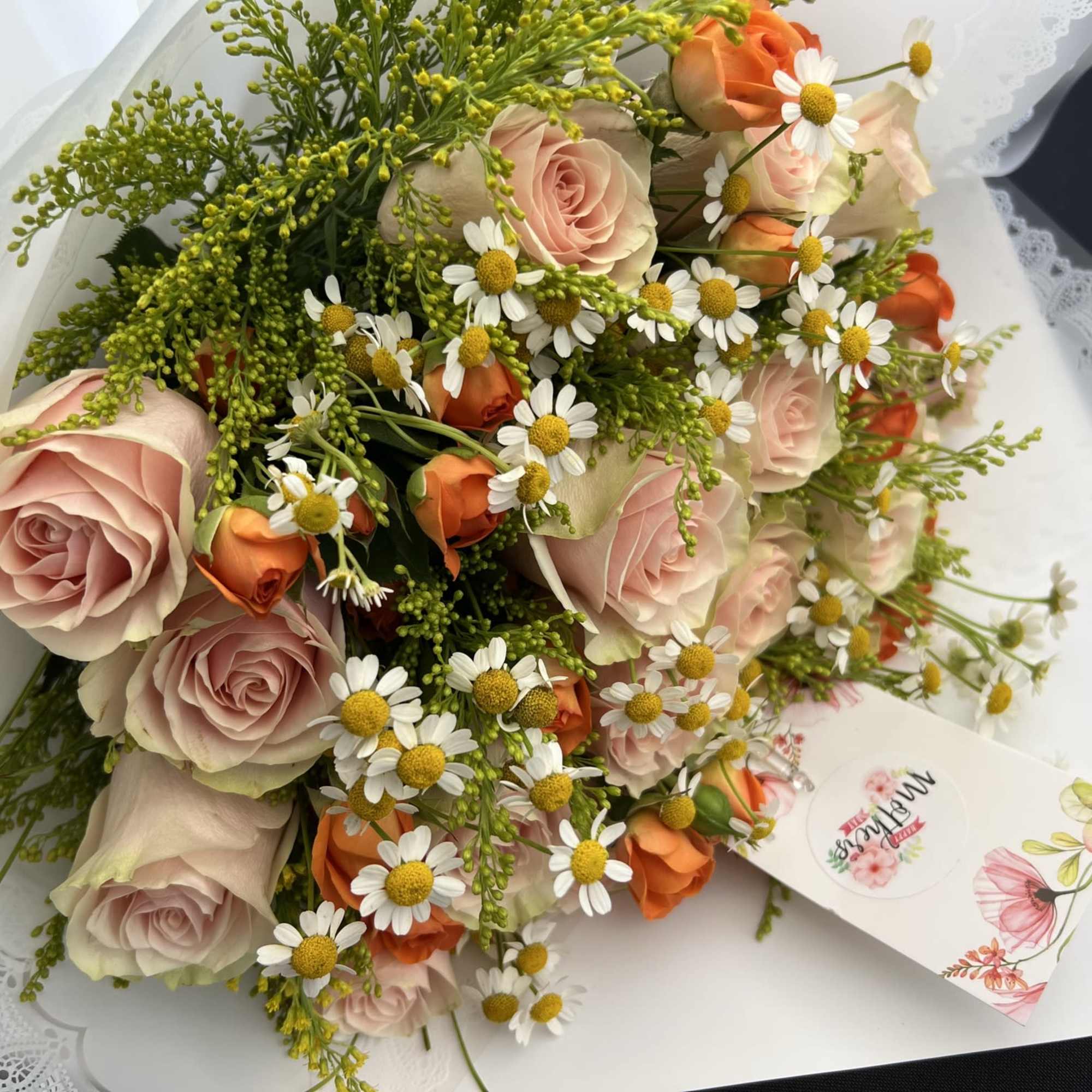 Bouquet of Pink Roses, Mini Orange Rose, Daisy, and Solidago.