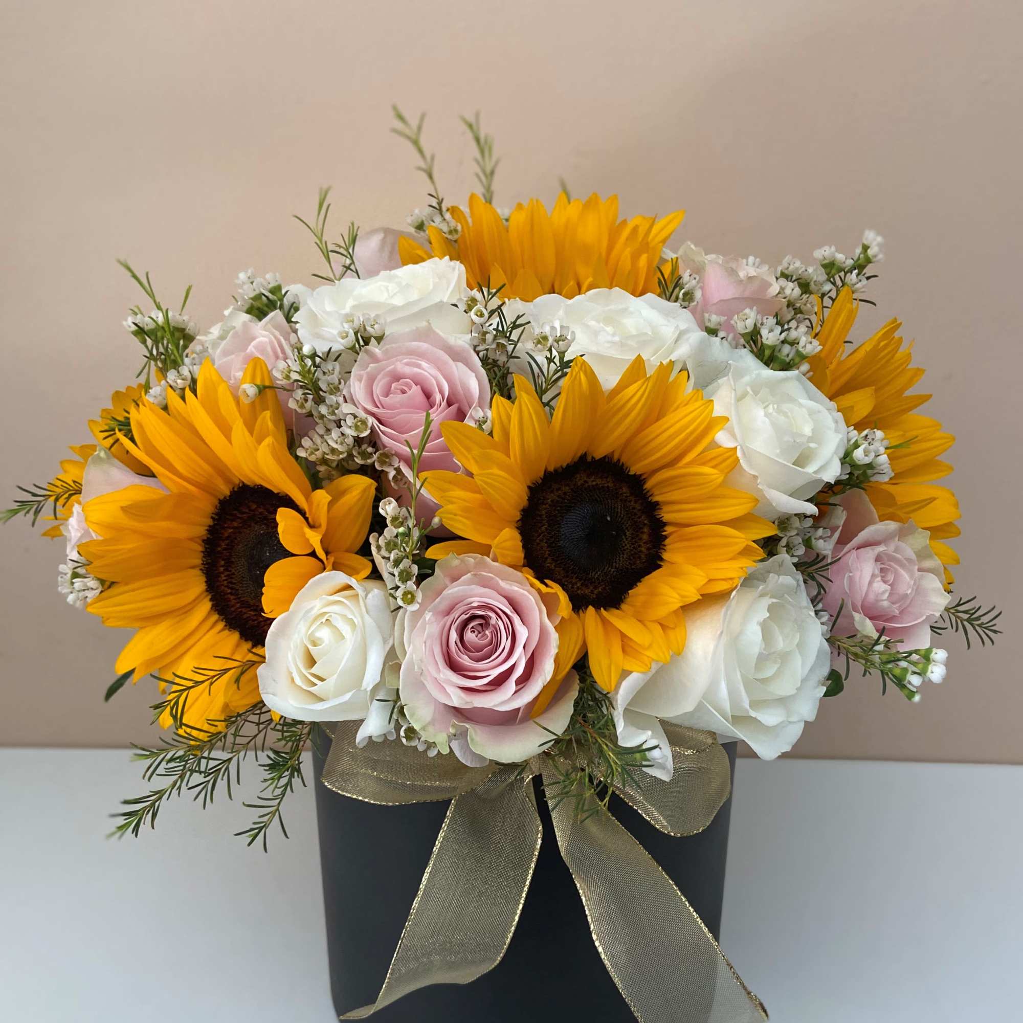 Black Cylinder with 5 Sunflowers and 12 White Roses and 12 Pink