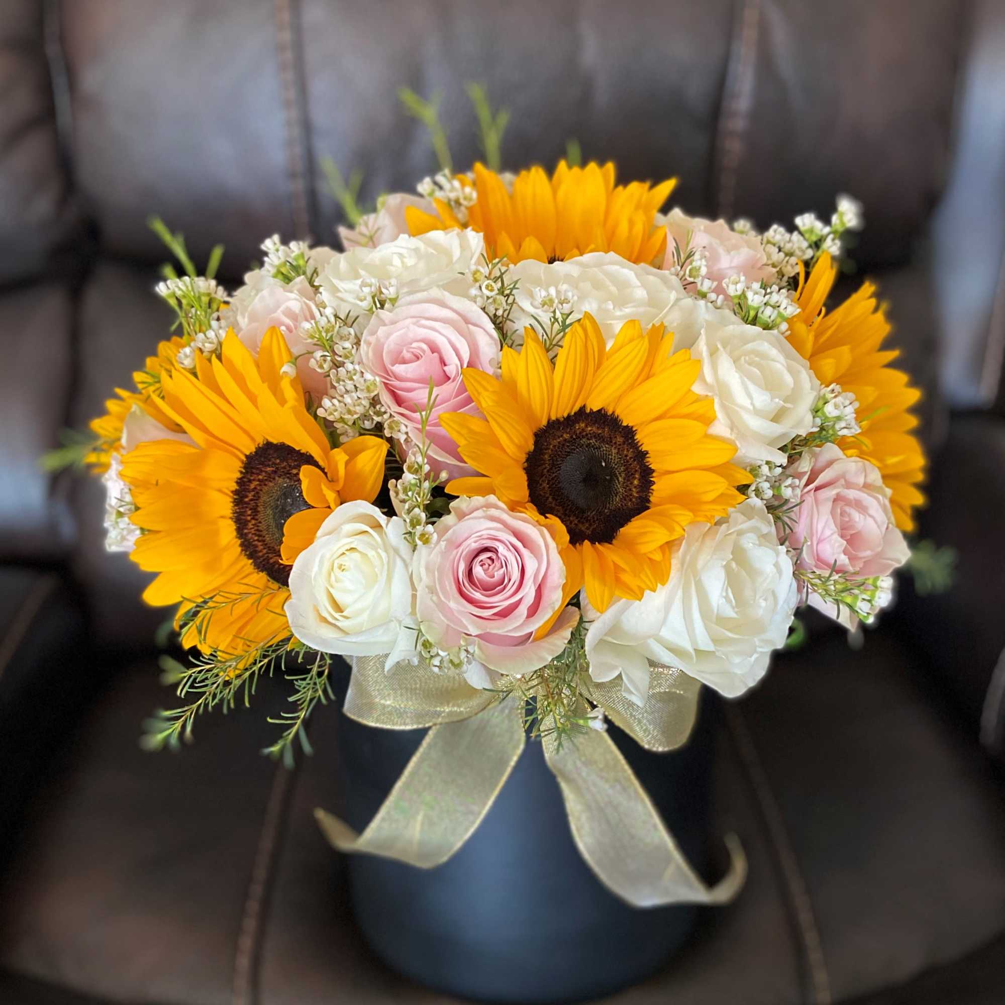 Black Cylinder with 5 Sunflowers and 12 White Roses and 12 Pink
