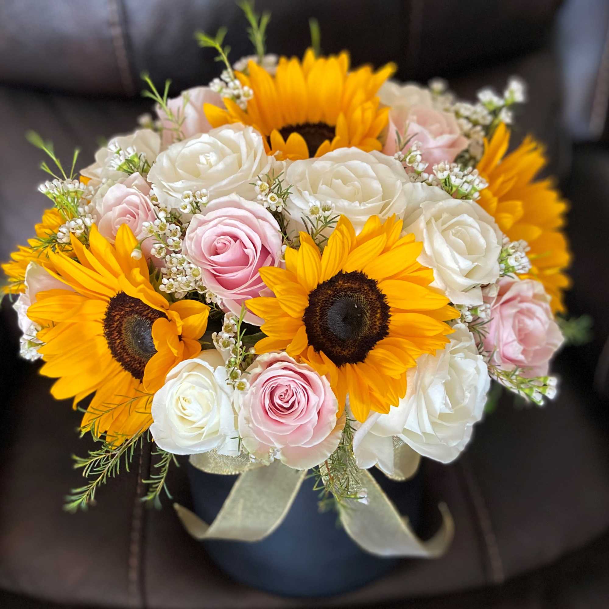 Black Cylinder with 5 Sunflowers and 12 White Roses and 12 Pink