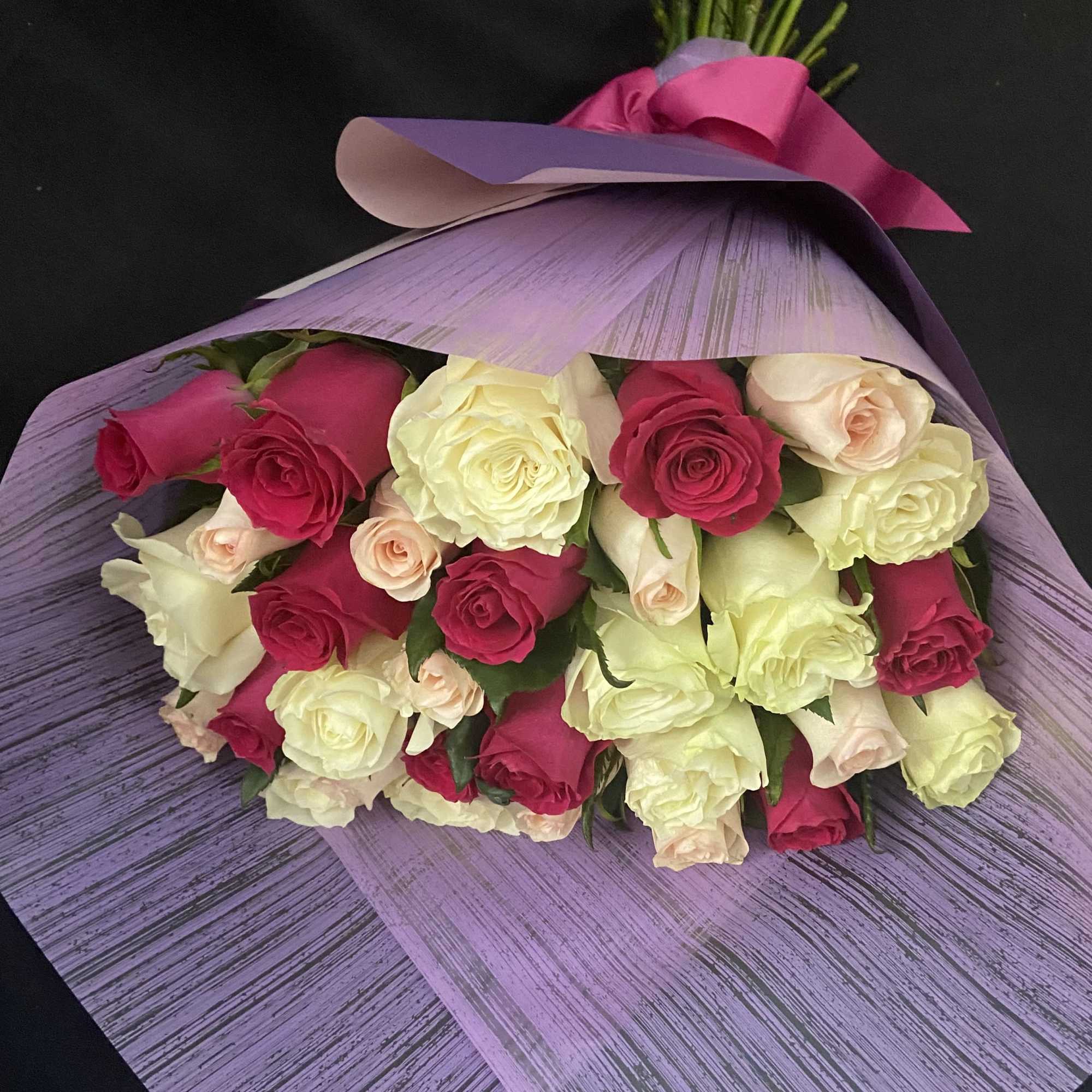24 Mix Roses, 3 Color Hotpink, Pink and Ivory or Cream, Wrapped