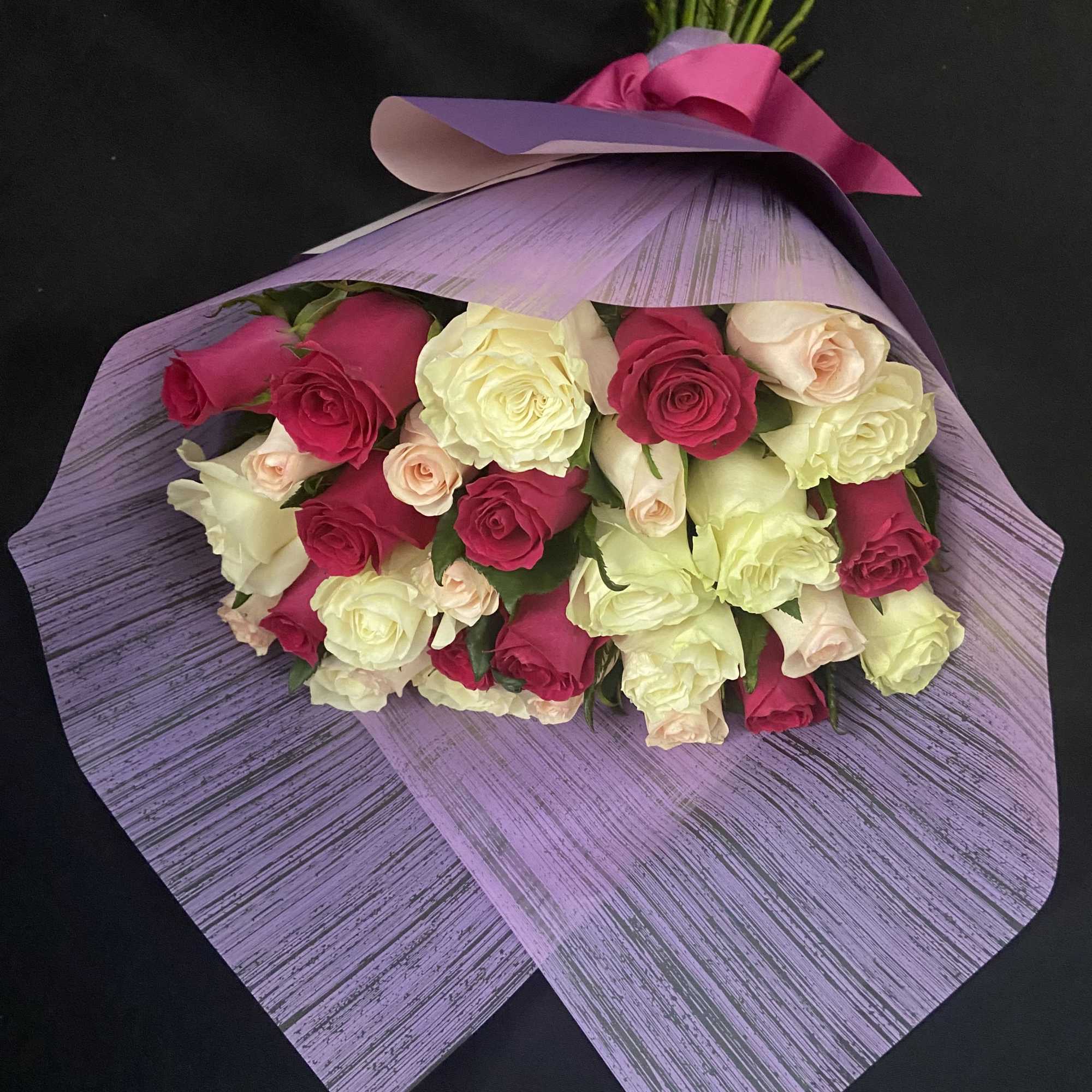 24 Mix Roses, 3 Color Hotpink, Pink and Ivory or Cream, Wrapped