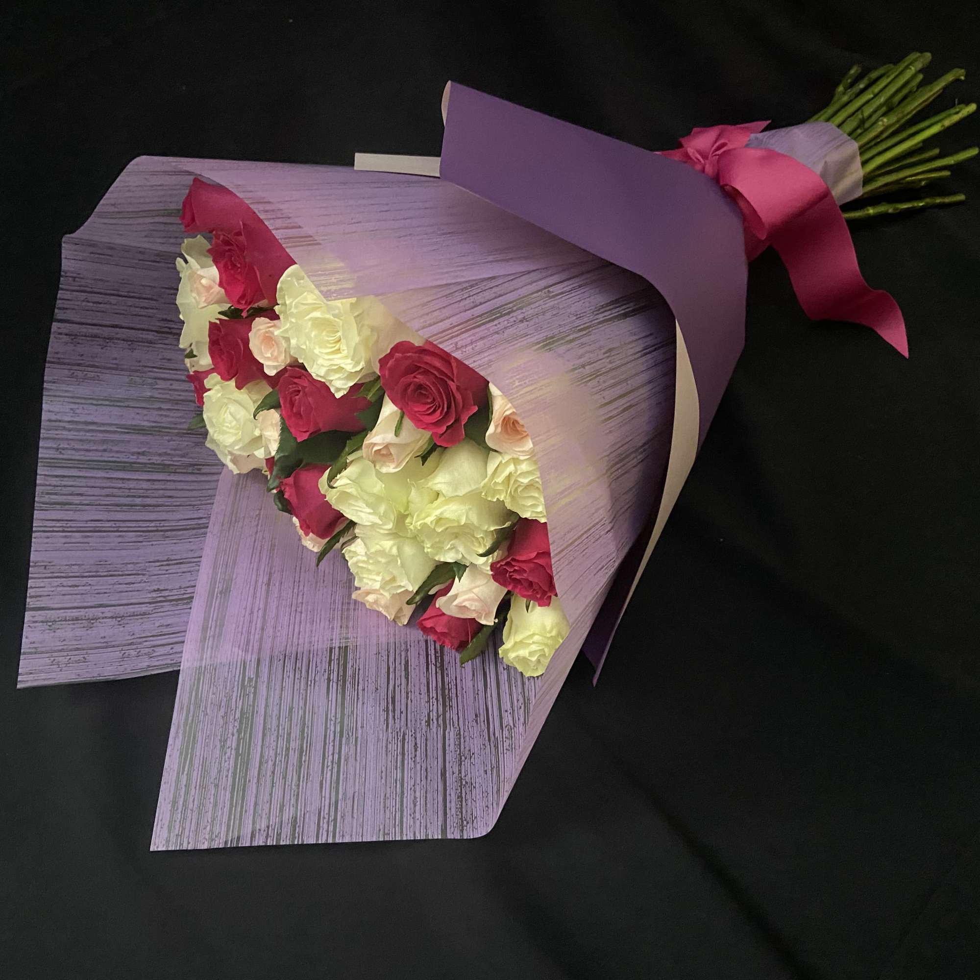 24 Mix Roses, 3 Color Hotpink, Pink and Ivory or Cream, Wrapped