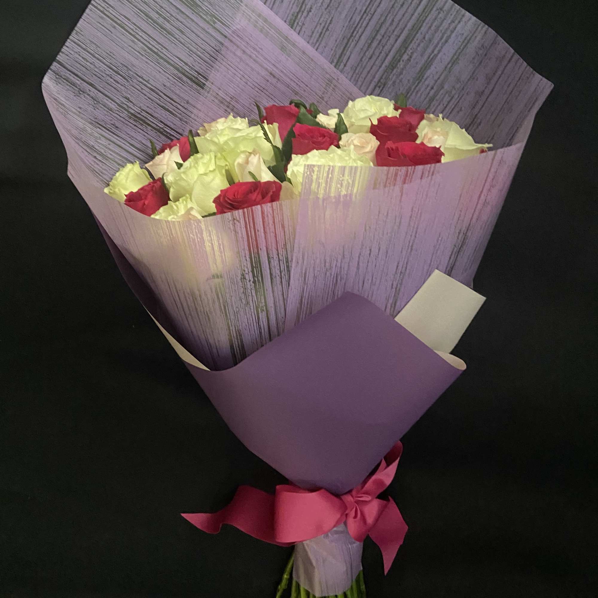 24 Mix Roses, 3 Color Hotpink, Pink and Ivory or Cream, Wrapped
