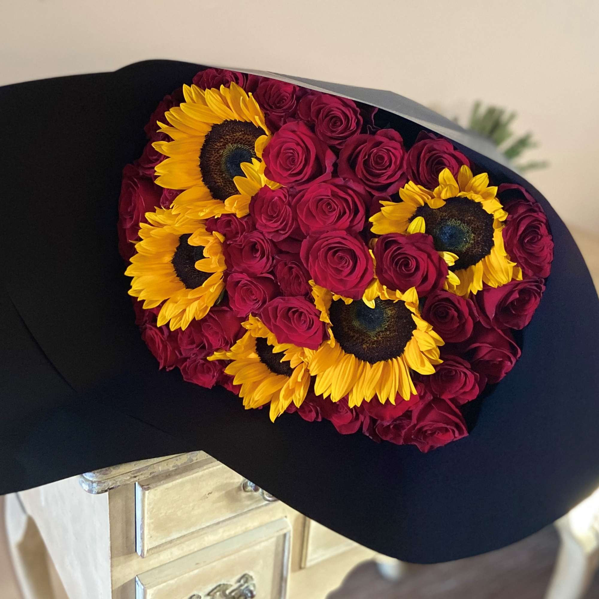 Bouquet with 50 Red Roses and 5 Sunflowers, wrap, Black, Clear o