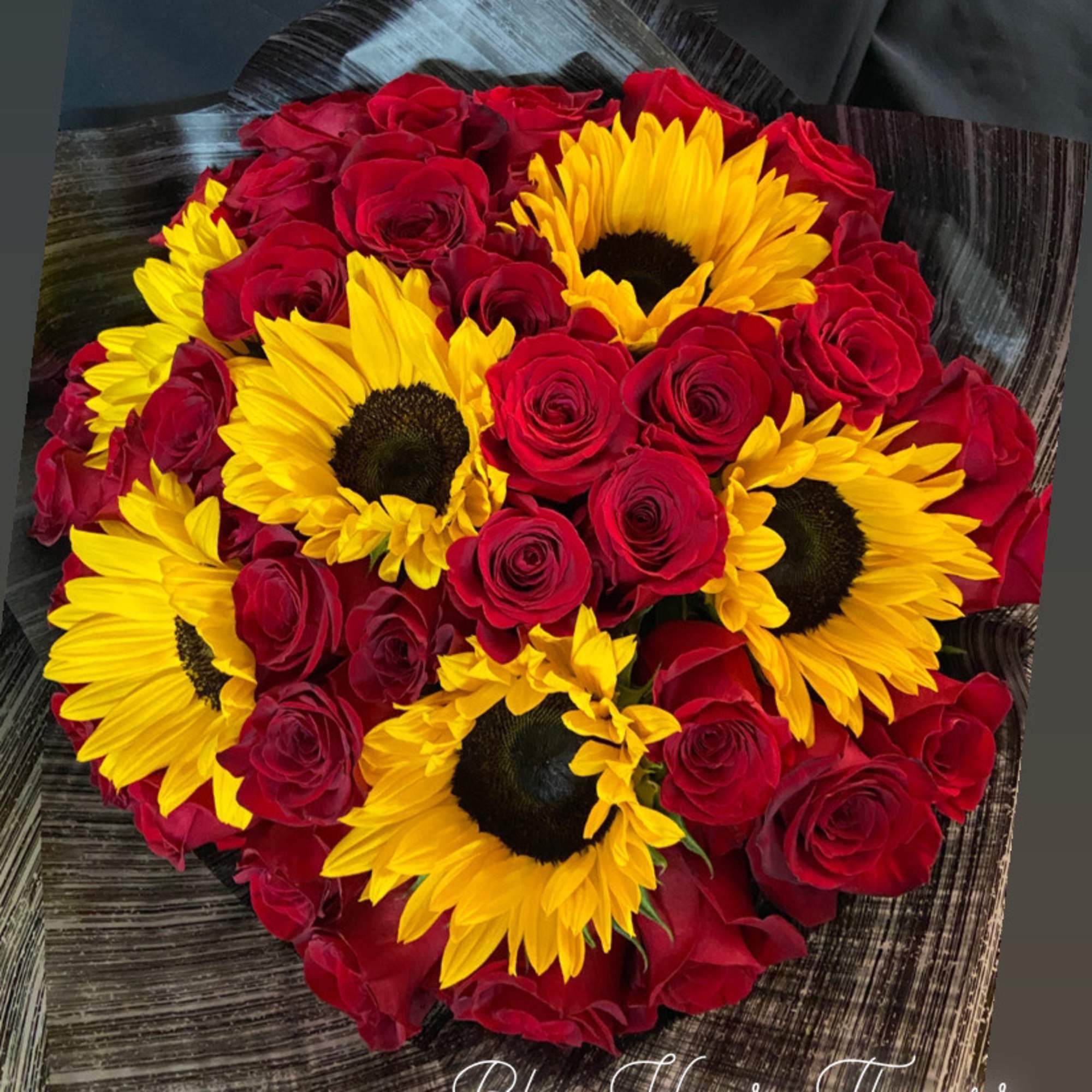 Bouquet with 50 Red Roses and 5 Sunflowers, wrap, Black, Clear o