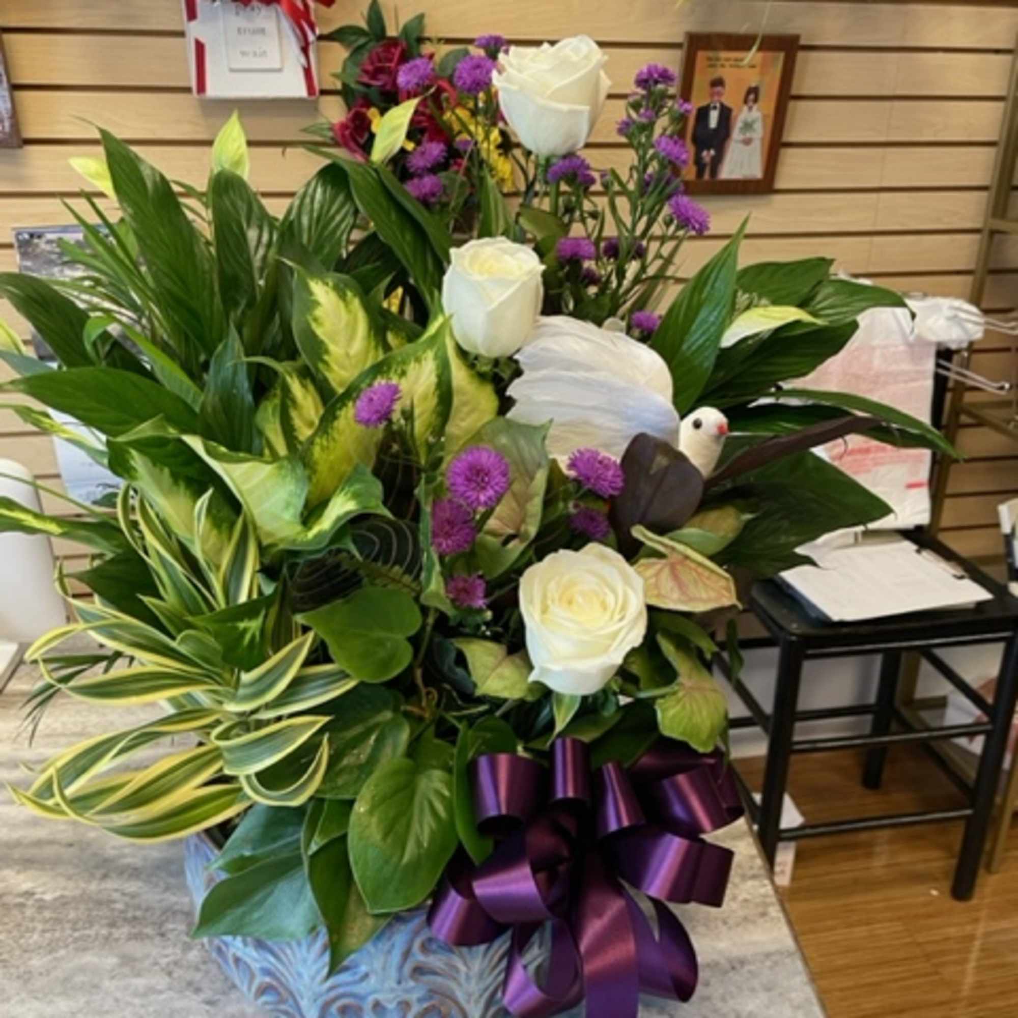 10&quot; Potted dishgarden accented with white roses, purple aster, and a white