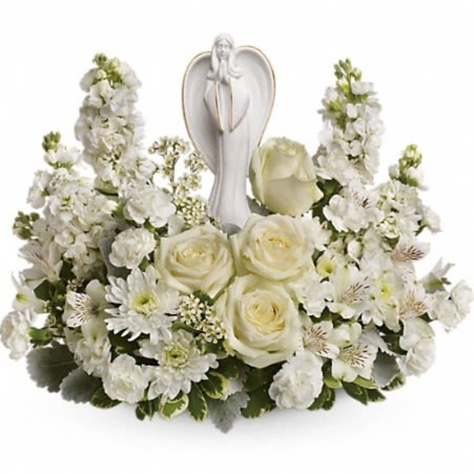 Peaceful and majestic, a graceful angel rests amongst fragrant, snow white roses