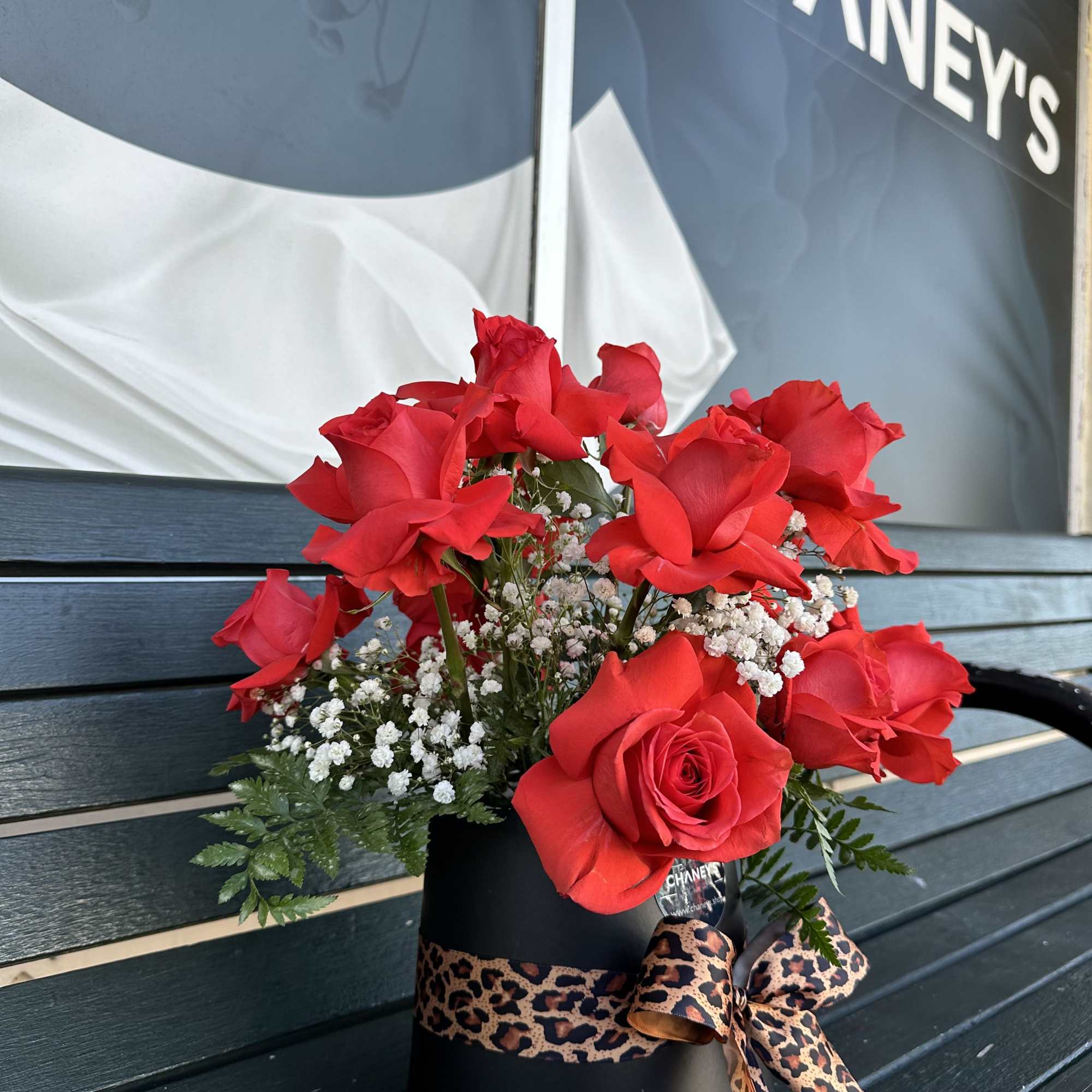 French Chic medium floral box with a dozen premium red roses