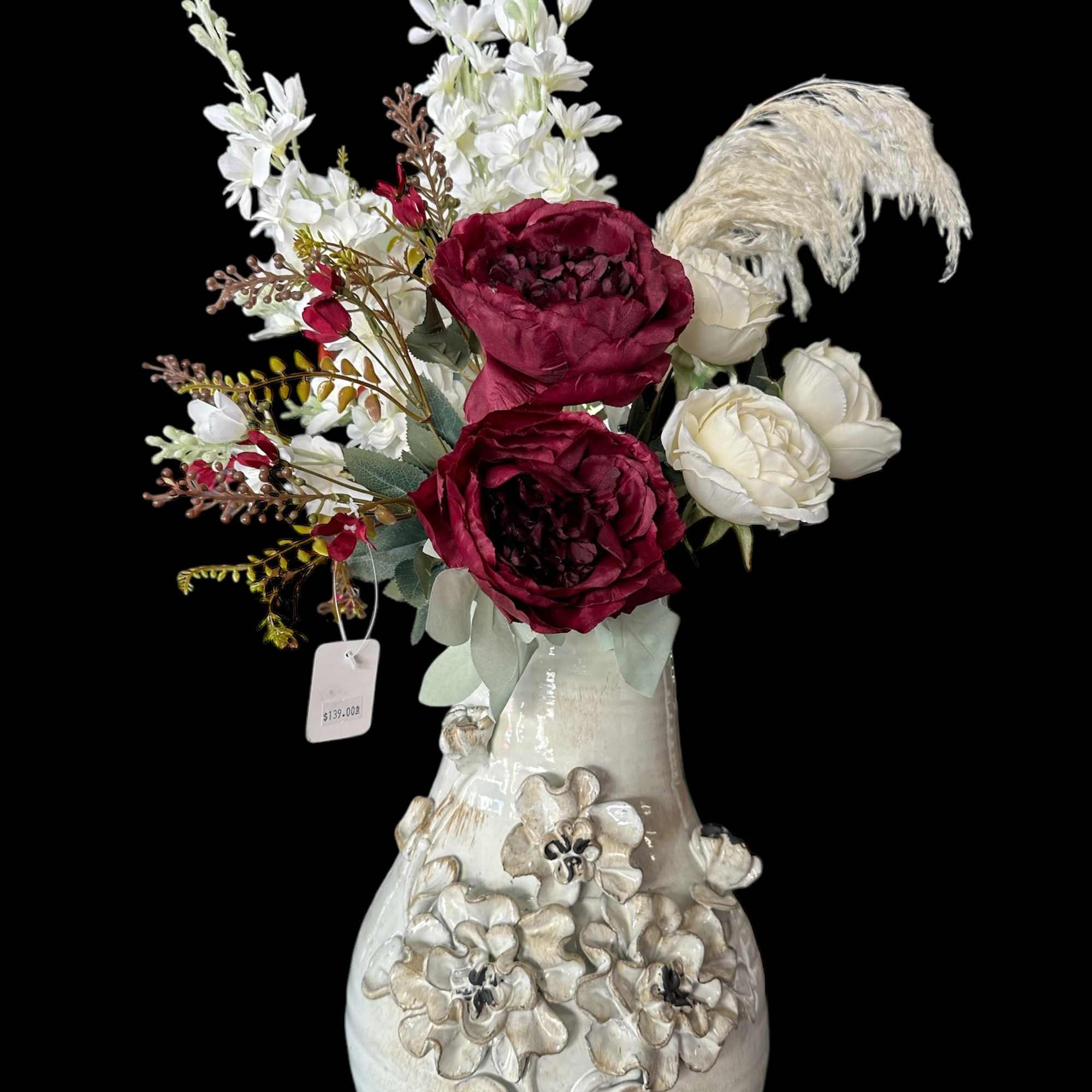 Unique piece! 30&ldquo; tall artificials hand arranged by our designers. Order before