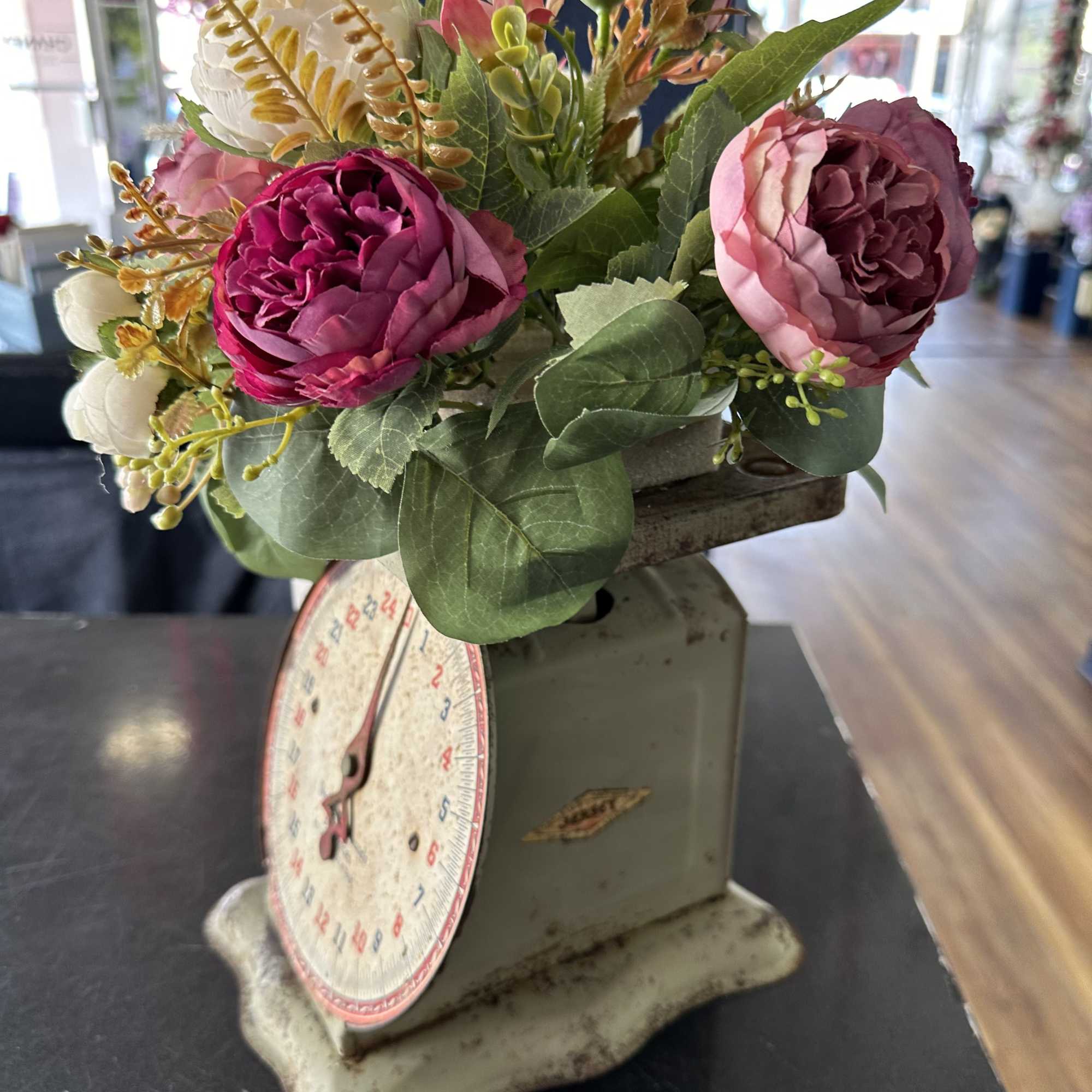 Unique piece! 15&ldquo; tall antique weigh decorated with a bunch of matching