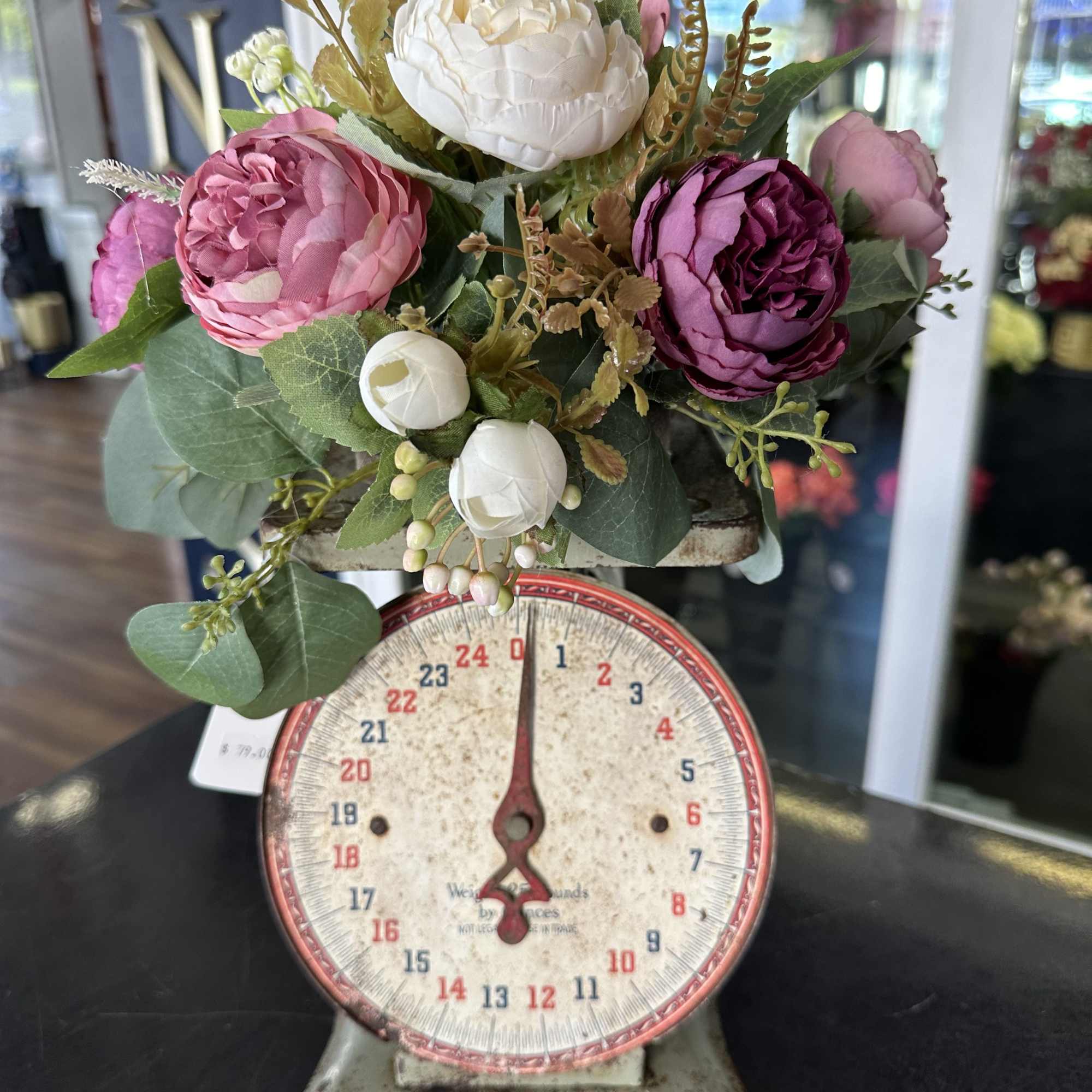 Unique piece! 15&ldquo; tall antique weigh decorated with a bunch of matching