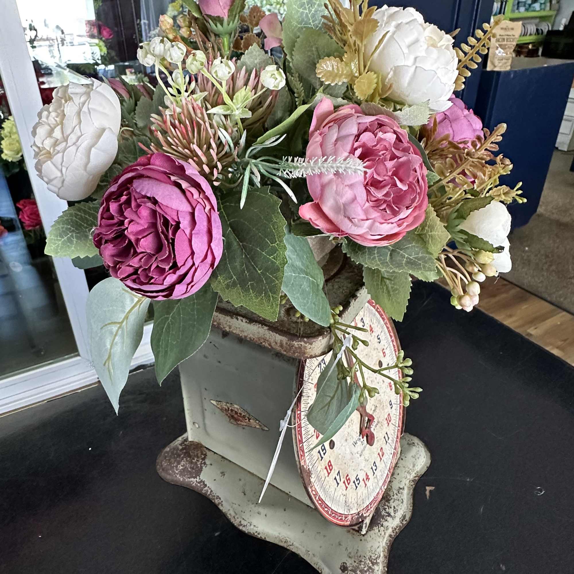 Unique piece! 15&ldquo; tall antique weigh decorated with a bunch of matching