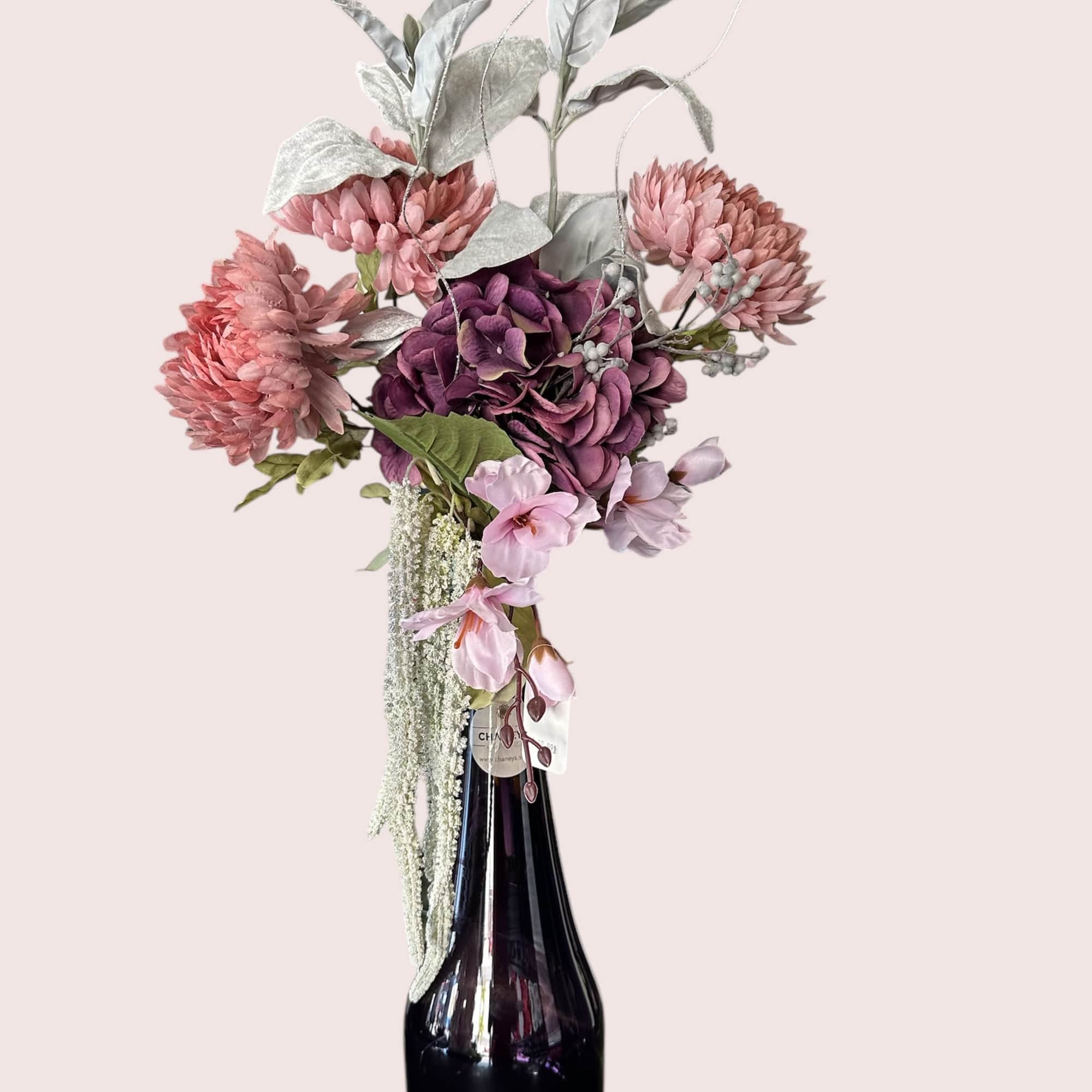 Unique piece! 31&ldquo; tall purple vase with purple and matching artificial flowers