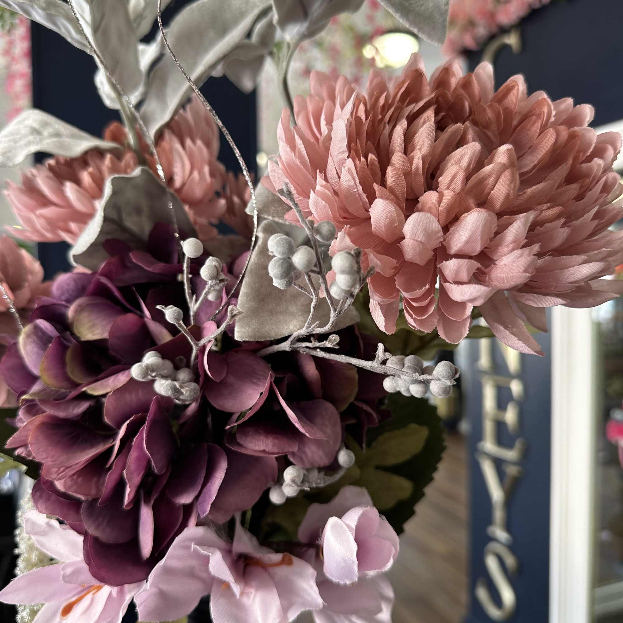 Unique piece! 31&ldquo; tall purple vase with purple and matching artificial flowers