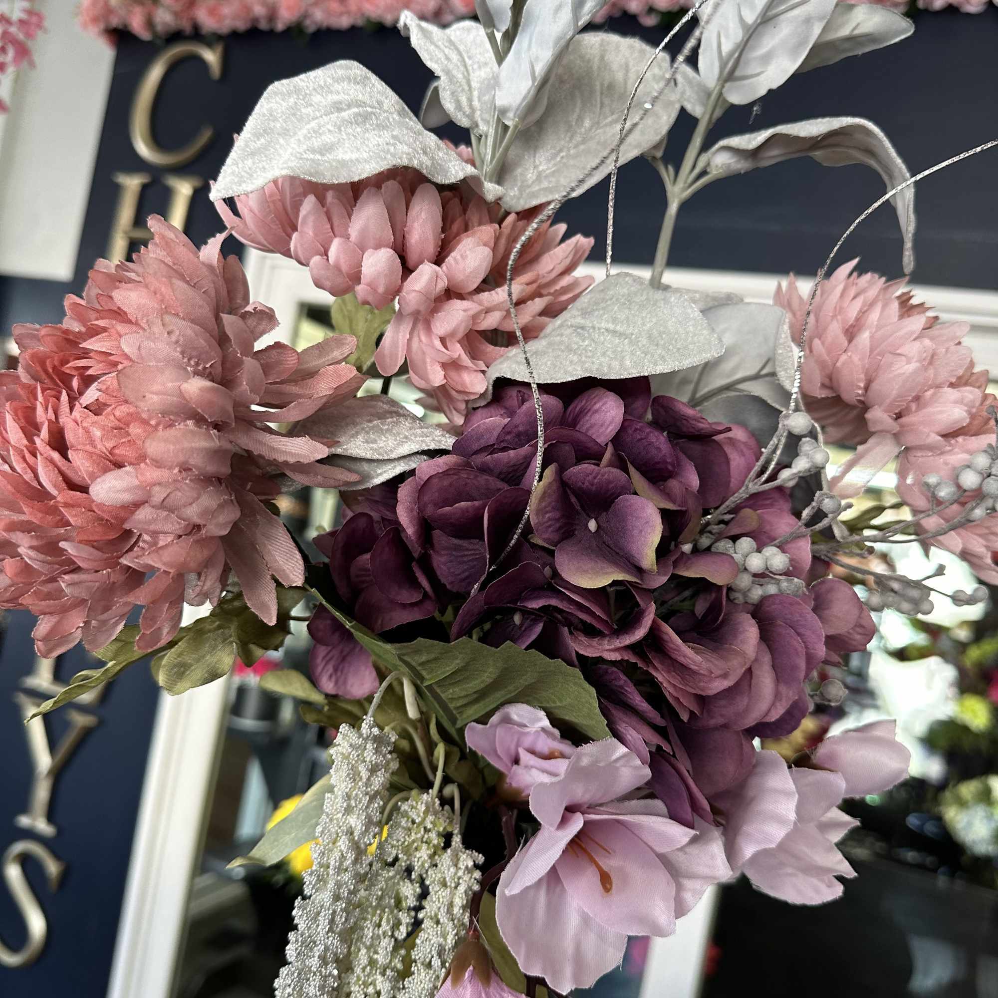 Unique piece! 31&ldquo; tall purple vase with purple and matching artificial flowers