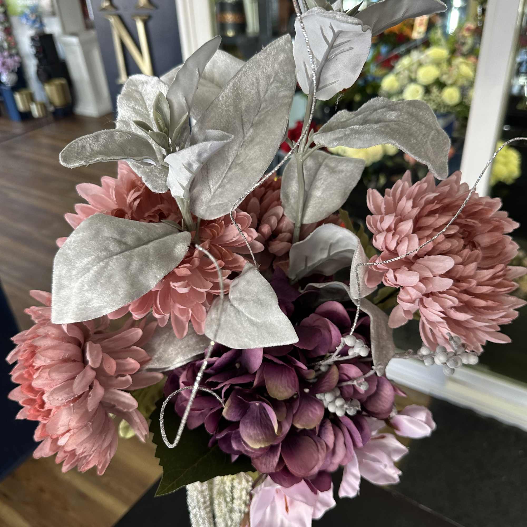 Unique piece! 31&ldquo; tall purple vase with purple and matching artificial flowers