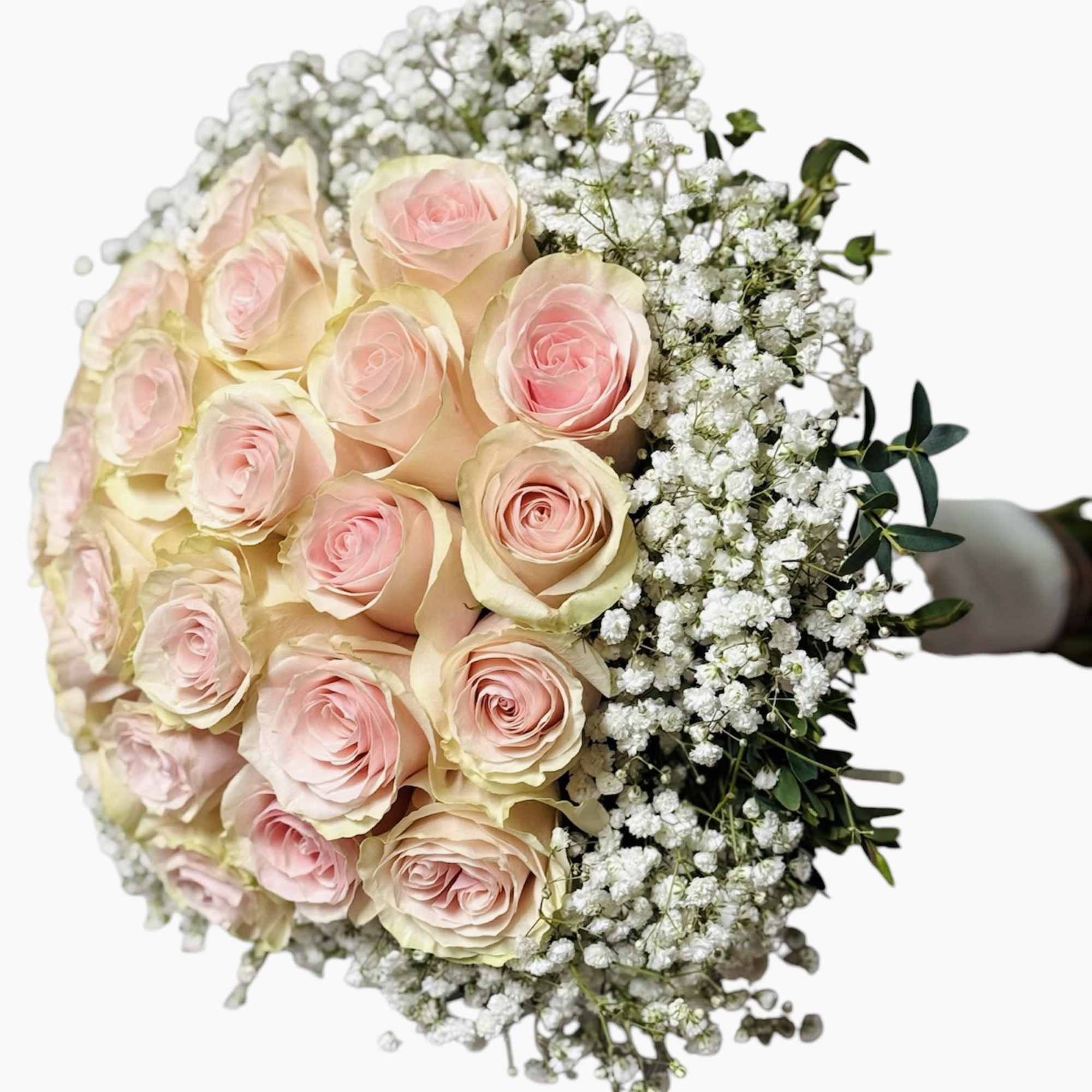 This is a beautiful bouquet featuring soft pink roses, baby&rsquo;s breath (Gypsophila)